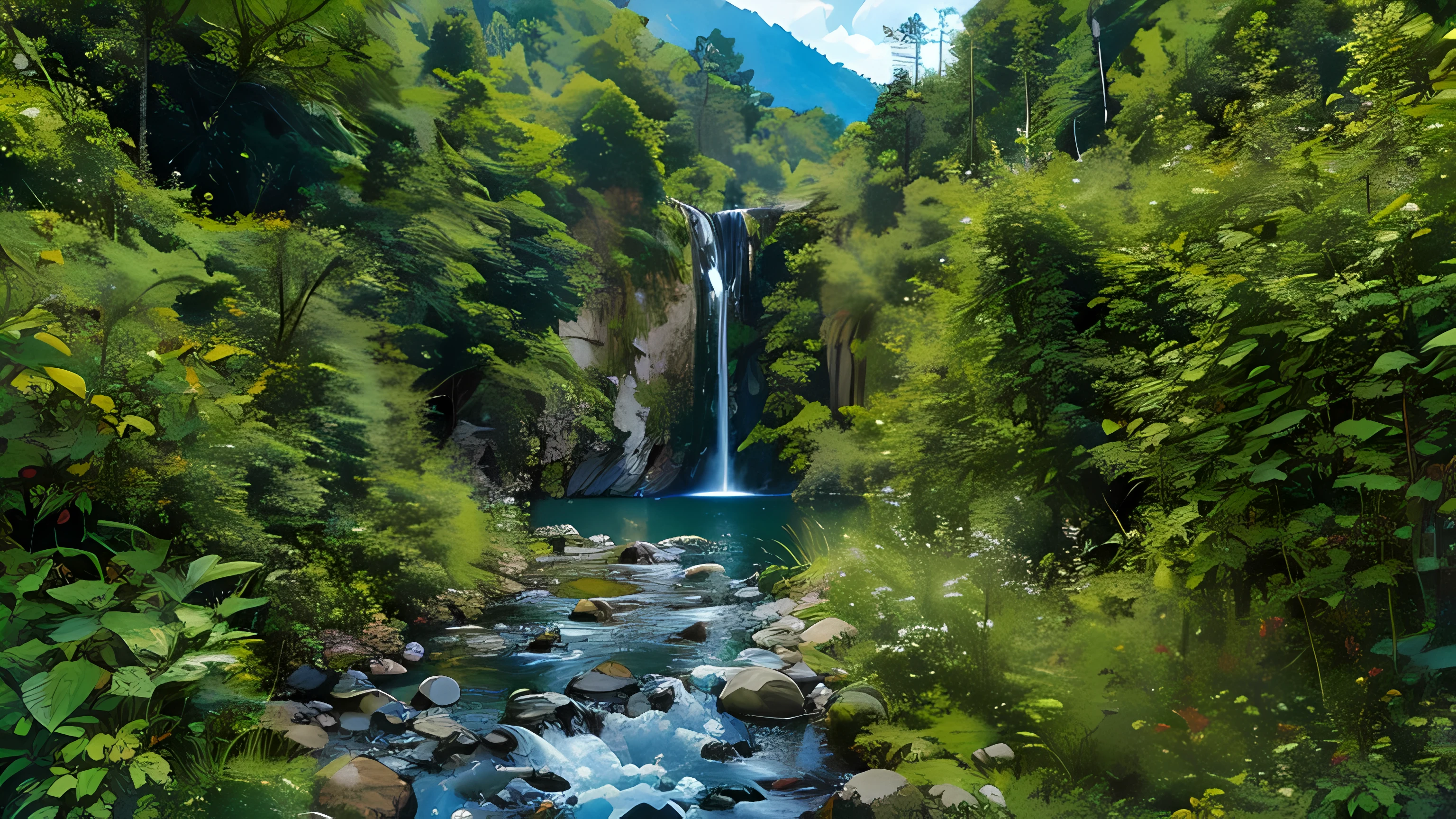 Painting of a waterfall in a forest with rocks and trees - SeaArt AI