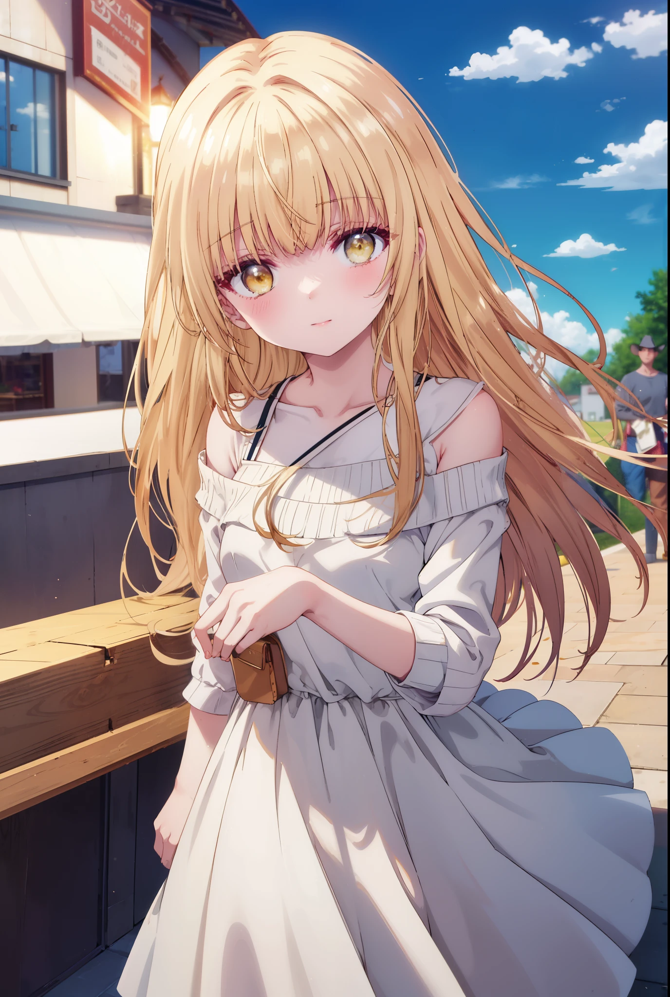 mahirushiina, Mahiru Shiina, bangs, blonde hair, brown hair, (yellow eyes:1.3)long straight hair,,blush,smile,naked neck,bare clavicle,bare shoulders,white off shoulder sweater,black long skirt,Cute Sandals,Small Bag:holding 1 in both hands,daytime,Light of the sun,
break outdoors,In town,スーパーマーケット入り口
break looking at viewer,removed from above,whole body, (cowboy shot:1.5),
break (masterpiece:1.2), highest quality, High resolution, unity 8k wallpaper, (figure:0.8), (detailed and beautiful eyes:1.6), highly detailed face, perfect lighting, Very detailed CG, (perfect hands, perfect anatomy),