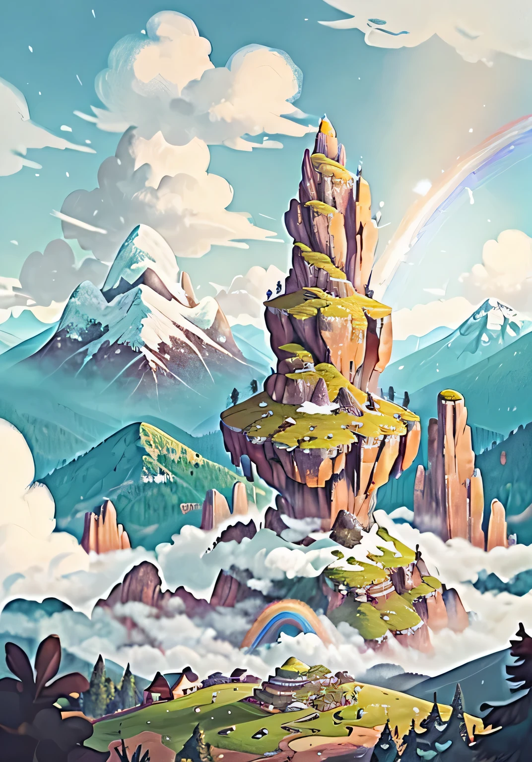 A hilltop,The rainbow extends from the top of this mountain