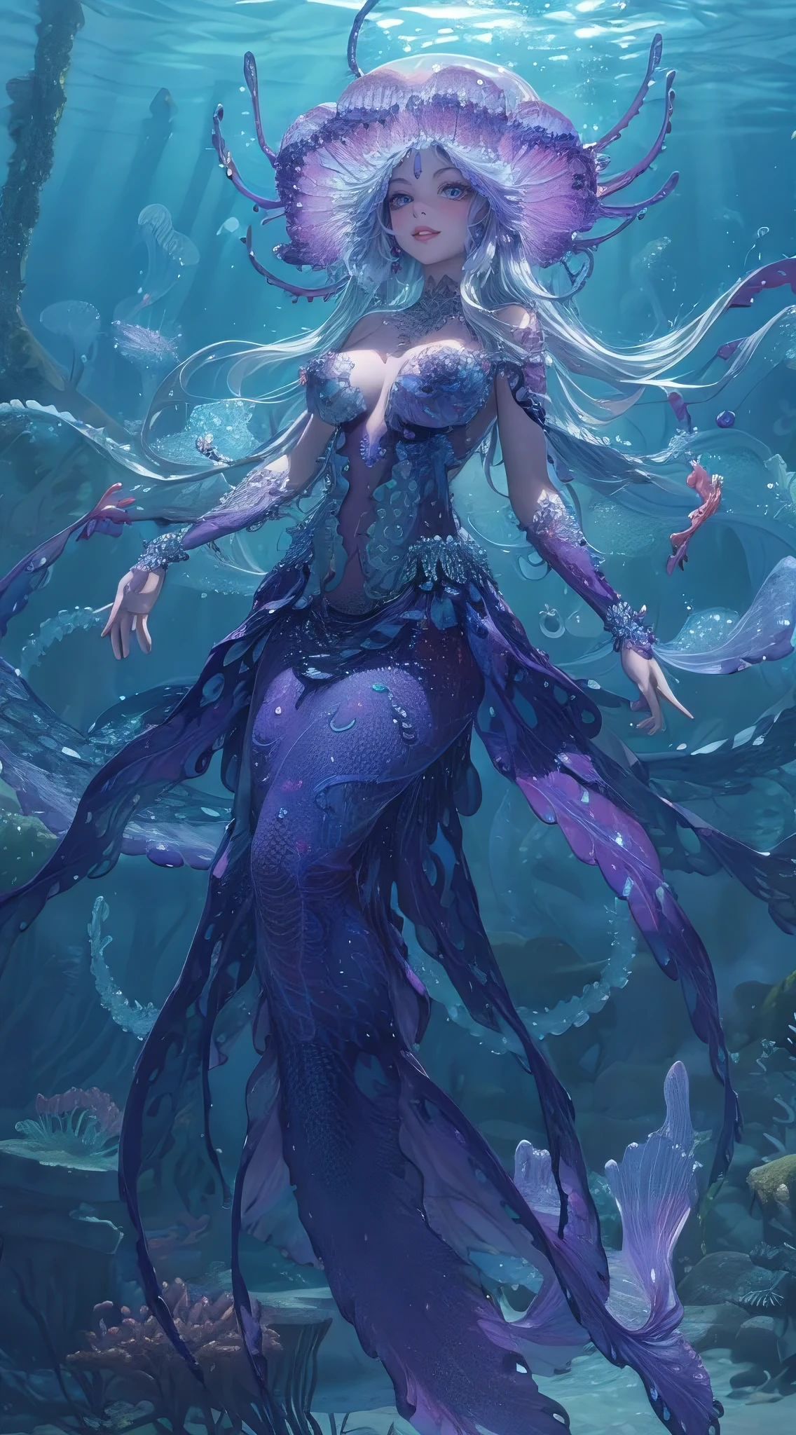 (best quality, masterpiece, ultra-detailed, photorealistic, 8k, uhd), character design, jellyfish mermaid princess, big jellyfish cap, intricate tentacles, perfect body, , (, ), wide , vibrant, swimming under the sea, natural lighting, photorealistic illustration