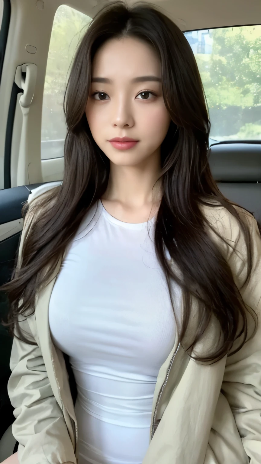 ((top-quality、8k、masterpiece:1.3))、Beautiful woman with perfect body:1.4、slim abdomen:1.2、Longhair, normal breast, Highly detailed facial and skin texture, A detailed eye, delicate eyes, double eyelid, (smile), (full body shot), ((in the car)), (sitting in the car), (((wearing white t-shirt with jacket)), looking in front