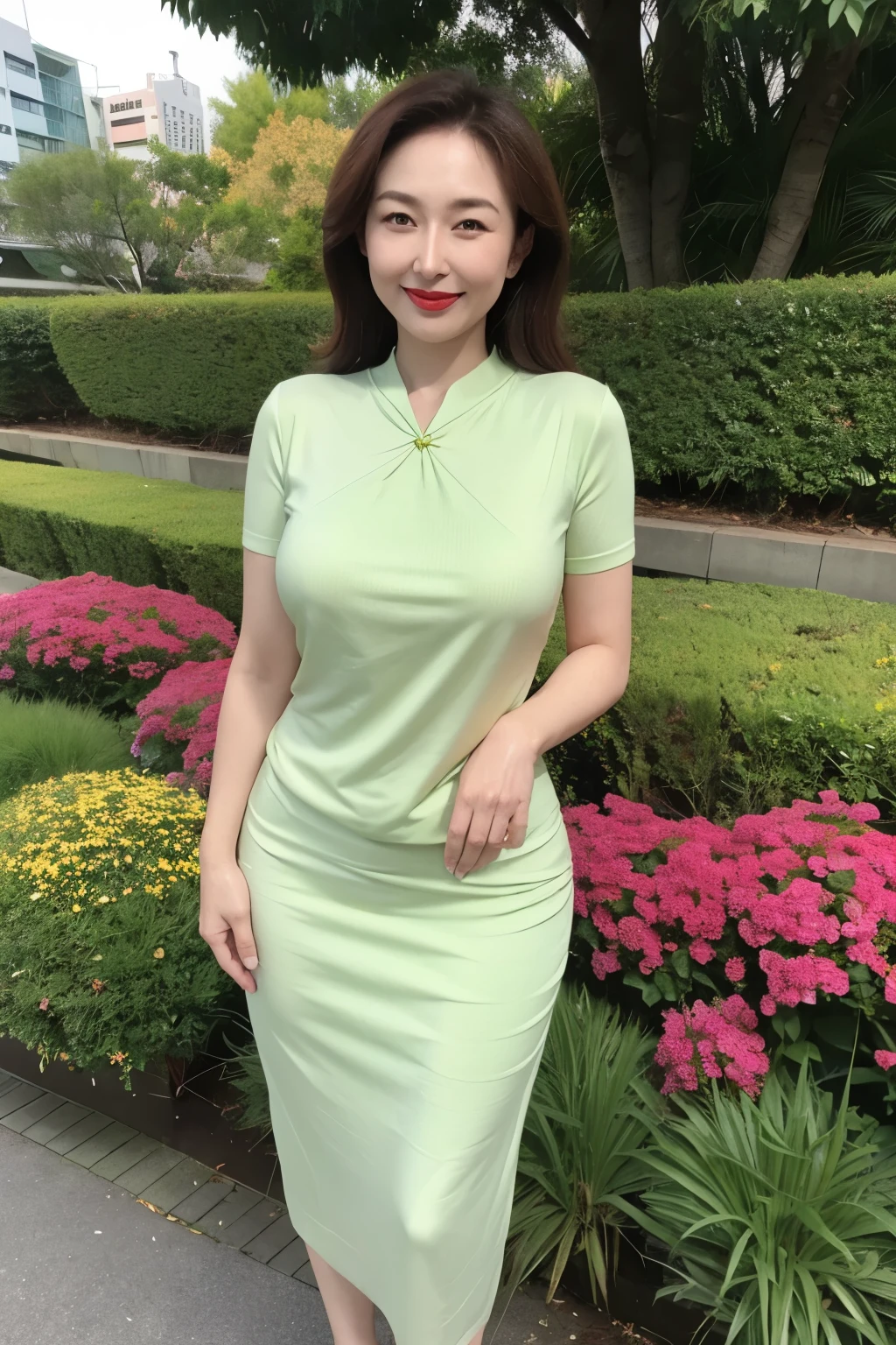 Draw lips correctly, red lipstick, from chest up, best quality, Super detailed, lifelike, Super fine skin, perfect anatomy, (1 日本Mature的女人), (alone)，Wearing a green sweater dress，short sleeve，wavy long hair，37-year-old female，Mature，charming smile，garden background，stand，Slightly fat，medium chest，full-body shot。
