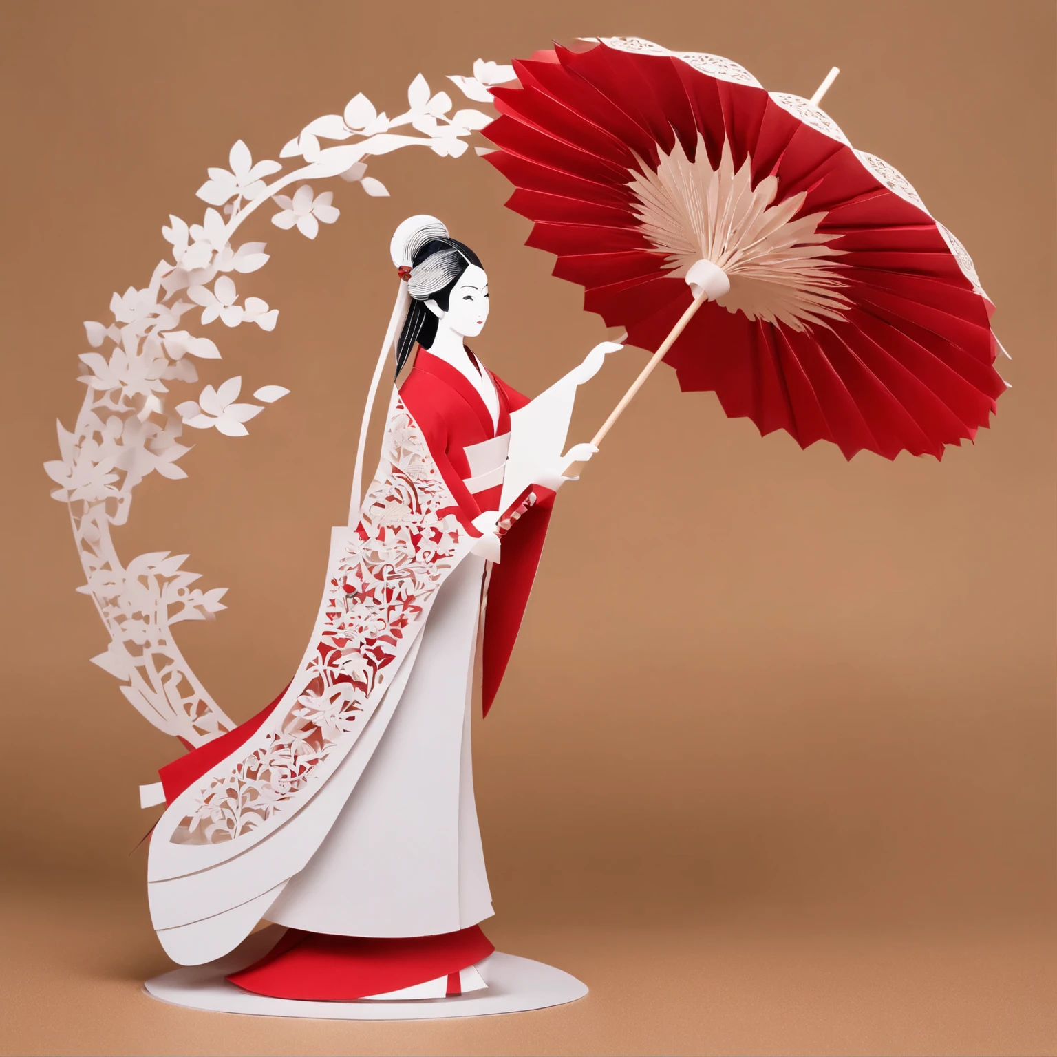 平面剪Paper风格，((Ancient Chinese woman holding an umbrella，red，Paper，color block，((round))