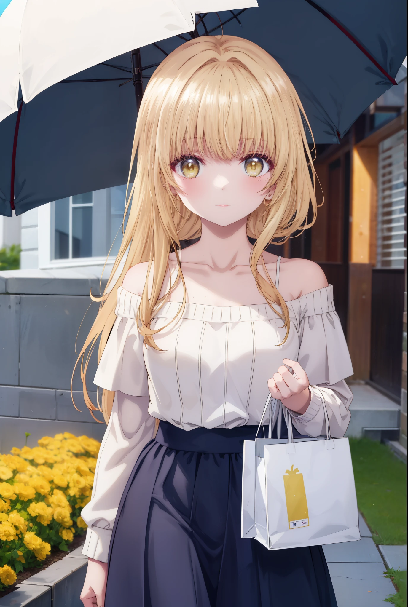 mahirushiina, Mahiru Shiina, bangs, blonde hair, brown hair, (yellow eyes:1.3)long straight hair,,blush,smile,naked neck,bare clavicle,bare shoulders,white off shoulder sweater,black long skirt,Cute Sandals,Shopping Bag:holding 1 in both hands,daytime,Light of the sun,
break outdoors,In town,スーパーマーケット入り口
break looking at viewer,removed from above,whole body, (cowboy shot:1.5),
break (masterpiece:1.2), highest quality, High resolution, unity 8k wallpaper, (figure:0.8), (detailed and beautiful eyes:1.6), highly detailed face, perfect lighting, Very detailed CG, (perfect hands, perfect anatomy),