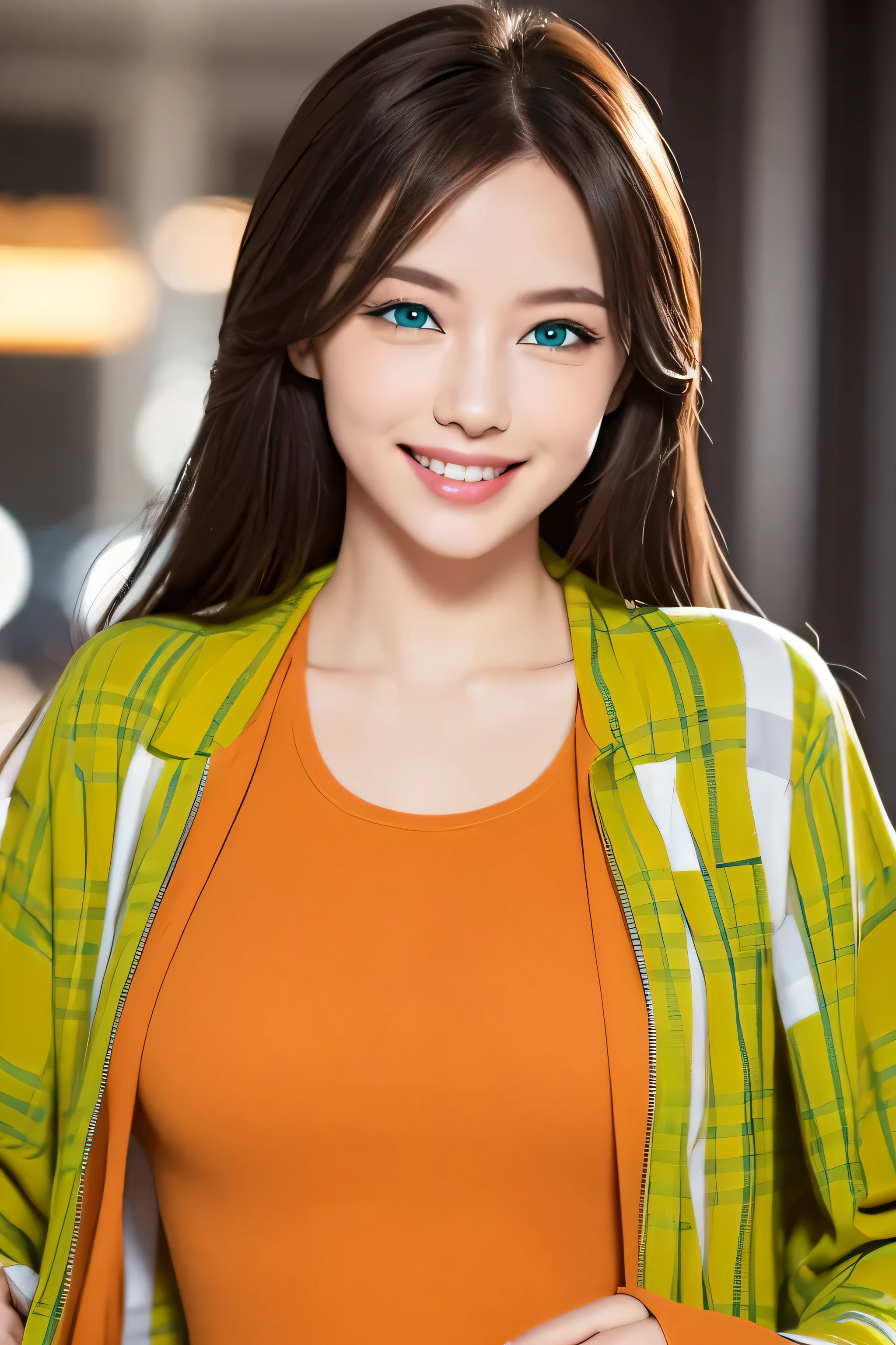 ((blue eyes))，（is a perfect face，）beautiful woman，long gray hair，toothy smile，White T-shirt，((green plaid jacket)),((one color background))