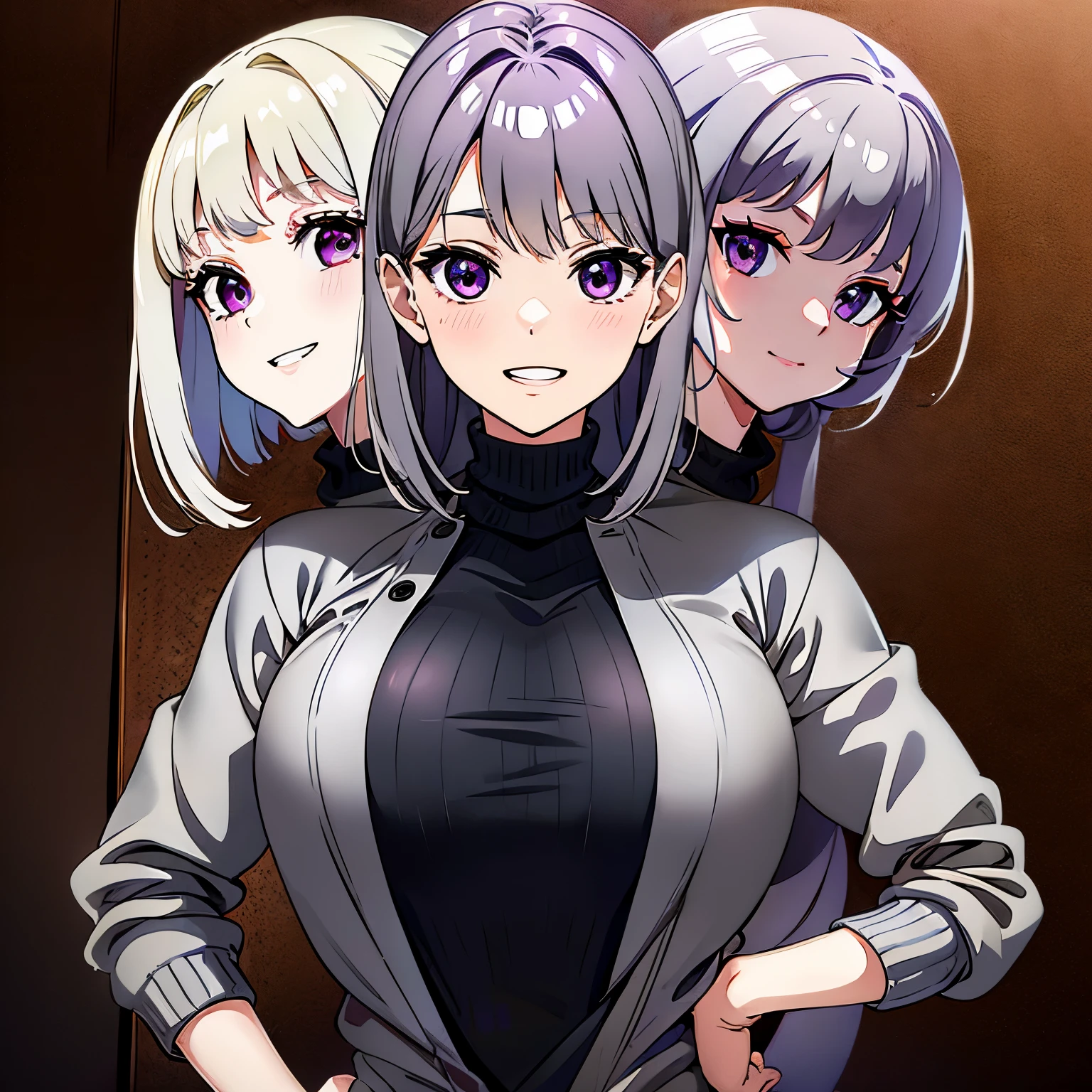 (masterpiece),(ultra-detailed), (high quality), (high resolution), (best quality:1.5, highres, UHD), highres, absurd, ultra detail, ultra quality, Ultra resolution, 16k, ((2heads:1.5)), gray hair, different hairstyles, magenta violet eyes, casual wear, (dark gray turtleneck sweater), sleeveless sweater, strong and confident expressions, ((kindergarten)), (grinning)