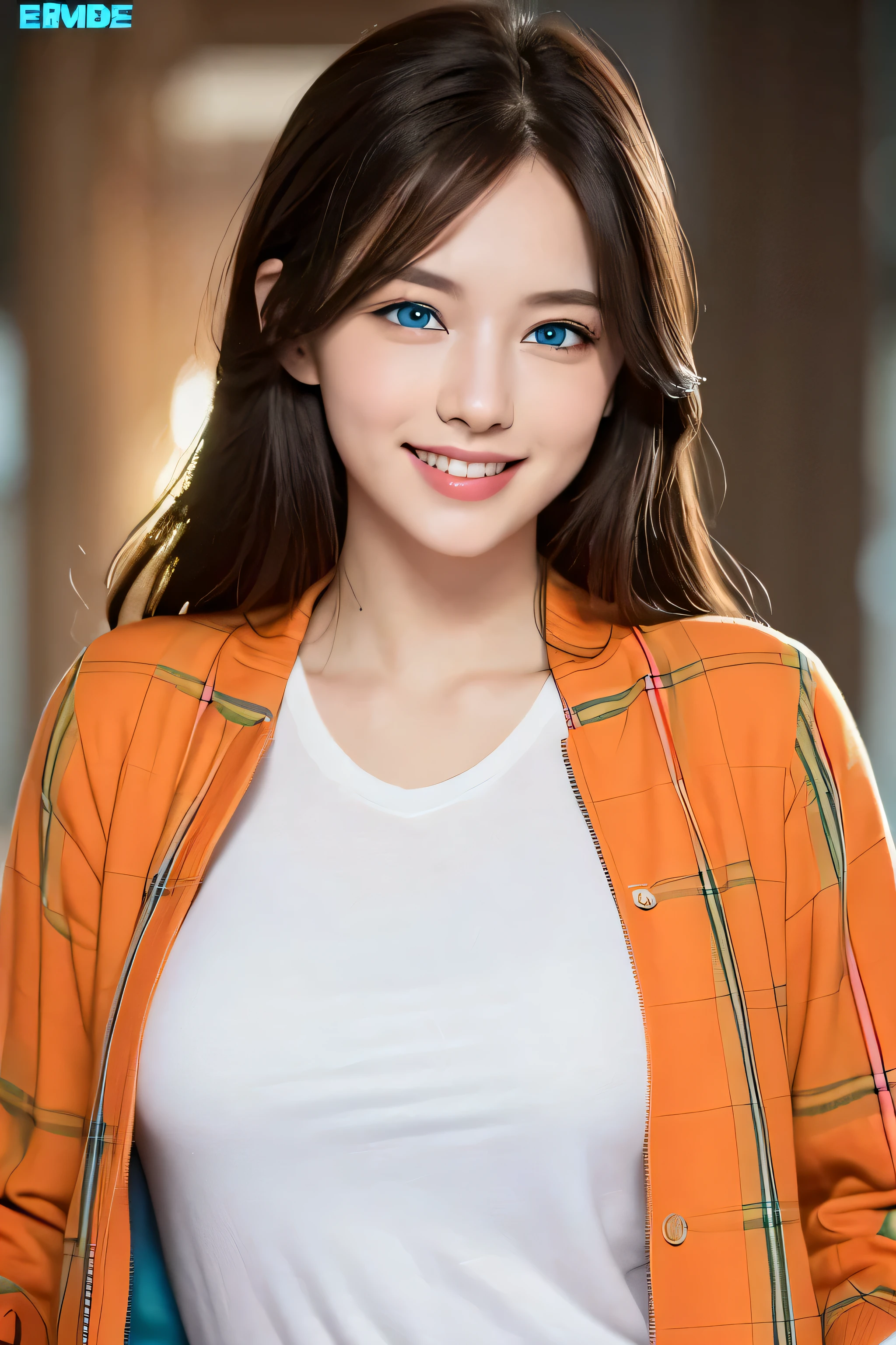 ((blue eyes))，((is a perfect face))，beautiful woman，long gray hair，toothy smile，White T-shirt，((green plaid jacket)),((blue background))