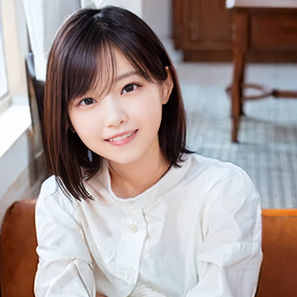 best image quality、highest quality、masterpiece、ultra high resolution、8k、immature、realistic:1.4、professional lighting、cute high school girl、baby face、very short hair、thin、Moderate size chest cup bust、smile、wearing a white tight long-sleeved T-shirt、wearing denim overalls in the living room:1.6、sitting on a white sofa