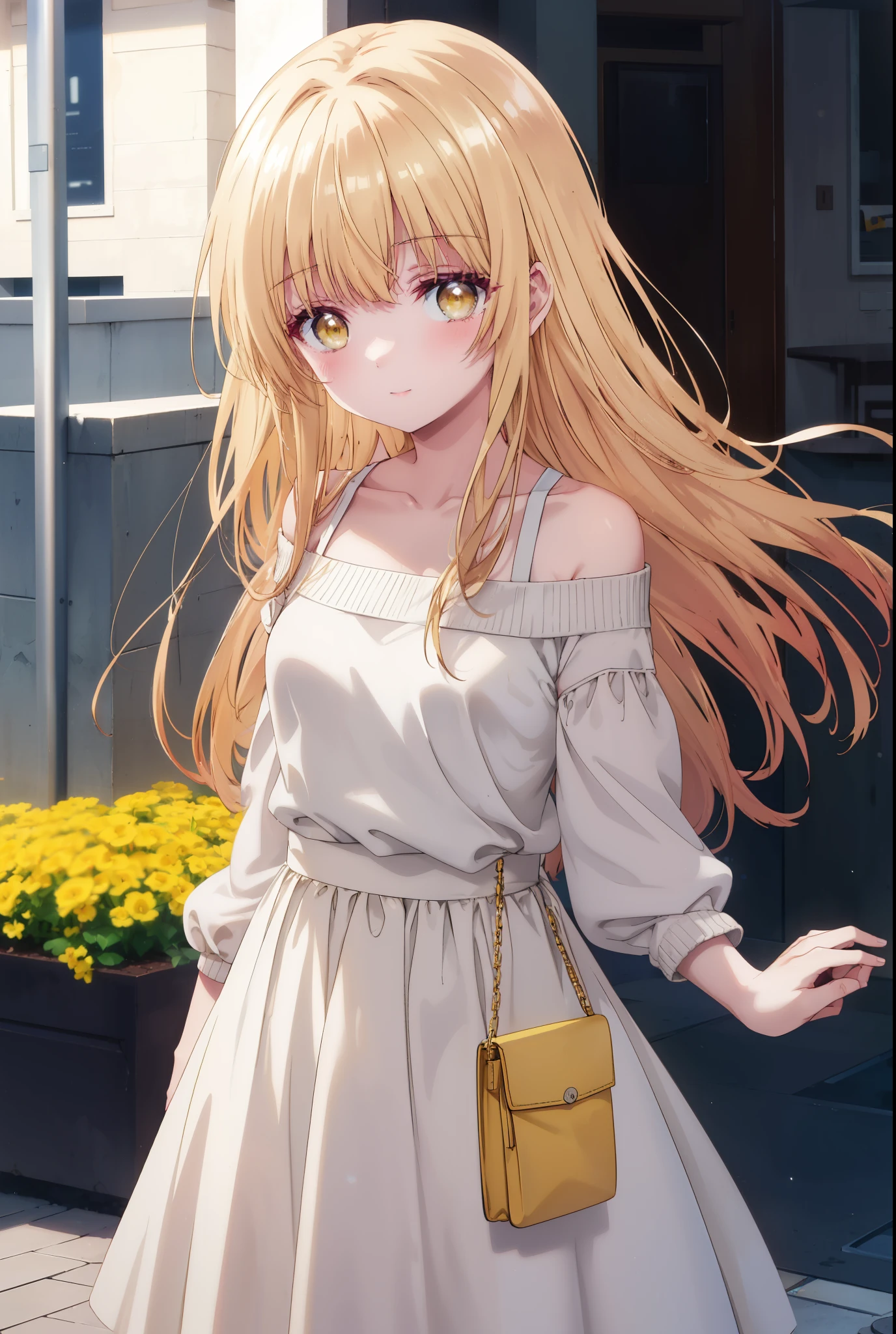 mahirushiina, Mahiru Shiina, bangs, blonde hair, brown hair, (yellow eyes:1.3)long straight hair,,blush,smile,naked neck,bare clavicle,bare shoulders,white off shoulder sweater,black long skirt,Cute Sandals,bag:holding 1 in both hands,daytime,Light of the sun,
break outdoors,In town,スーパーマーケット入り口
break looking at viewer,removed from above,whole body, (cowboy shot:1.5),
break (masterpiece:1.2), highest quality, High resolution, unity 8k wallpaper, (figure:0.8), (detailed and beautiful eyes:1.6), highly detailed face, perfect lighting, Very detailed CG, (perfect hands, perfect anatomy),