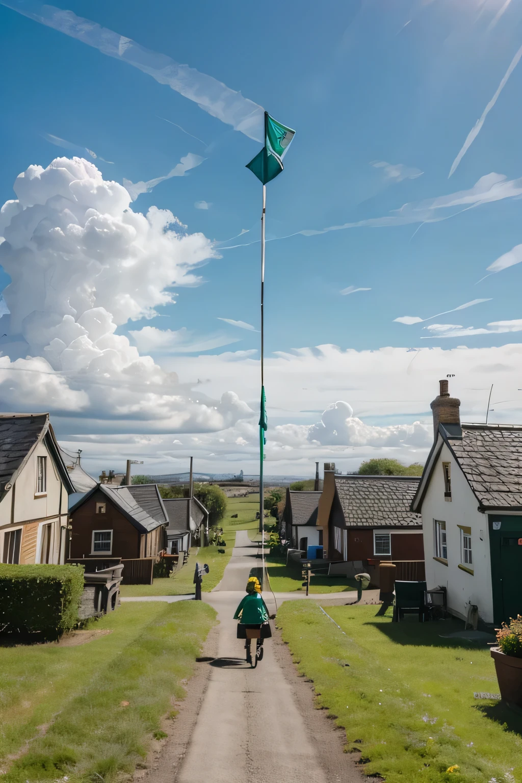 wee leprechaun, with a michievous grin, riding a white winged shetland pony , pulling a blank emerald green large banner by green ribbon and hovering midair in a bright blue cloudy sky, above a modern day quaint Irish village