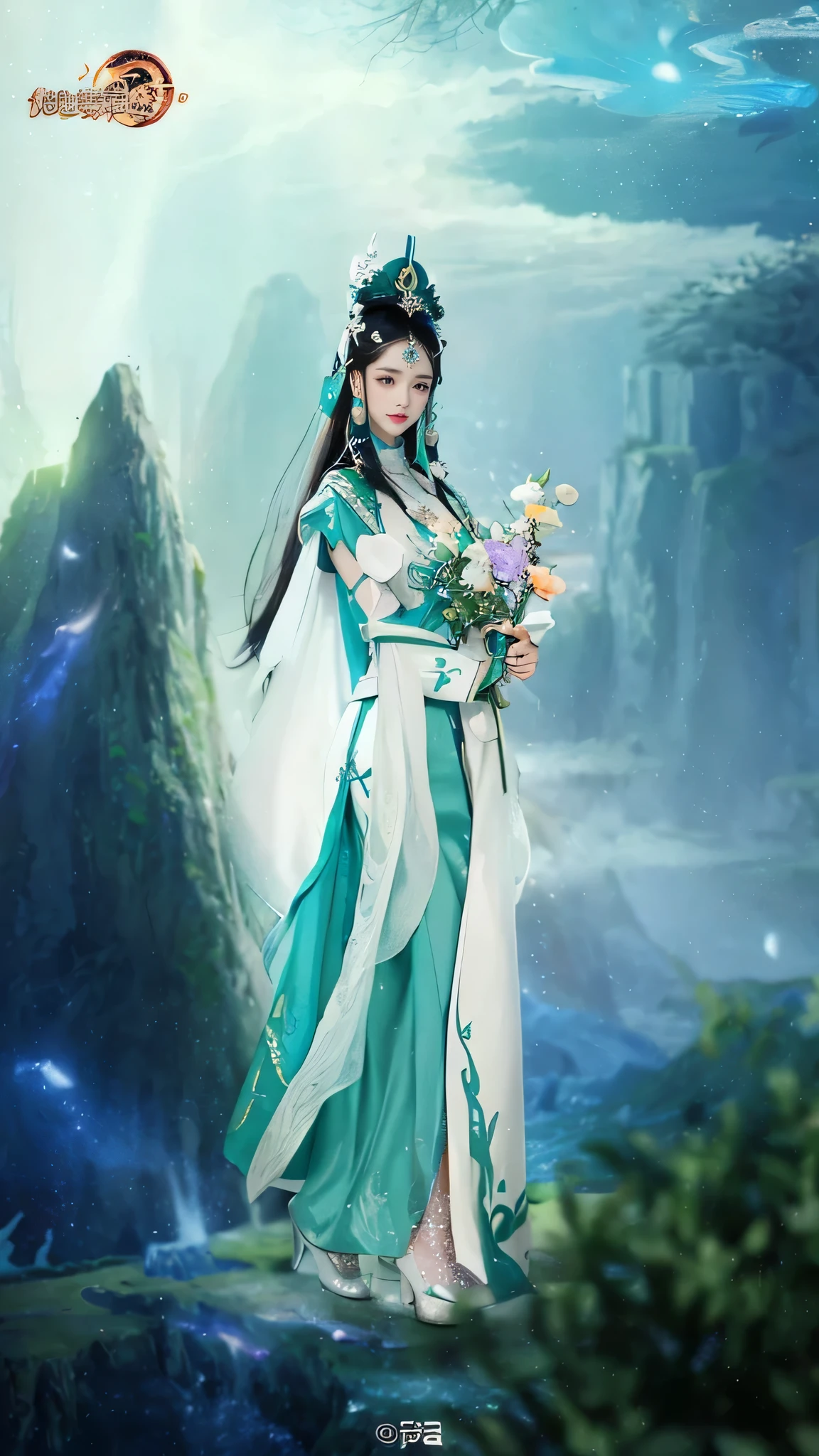 Close up of a woman in a white and green dress, full body xianxia, zhang daqian, xianxia fantasy, Beautiful celestial mage, Queen of the Sea Mu Yanling, beautiful fantasy queen, Ancient Chinese princess, inspired by trees, Maya Ali plays Wind Mage, Chinese fantasy, Inspired by Lan Ying