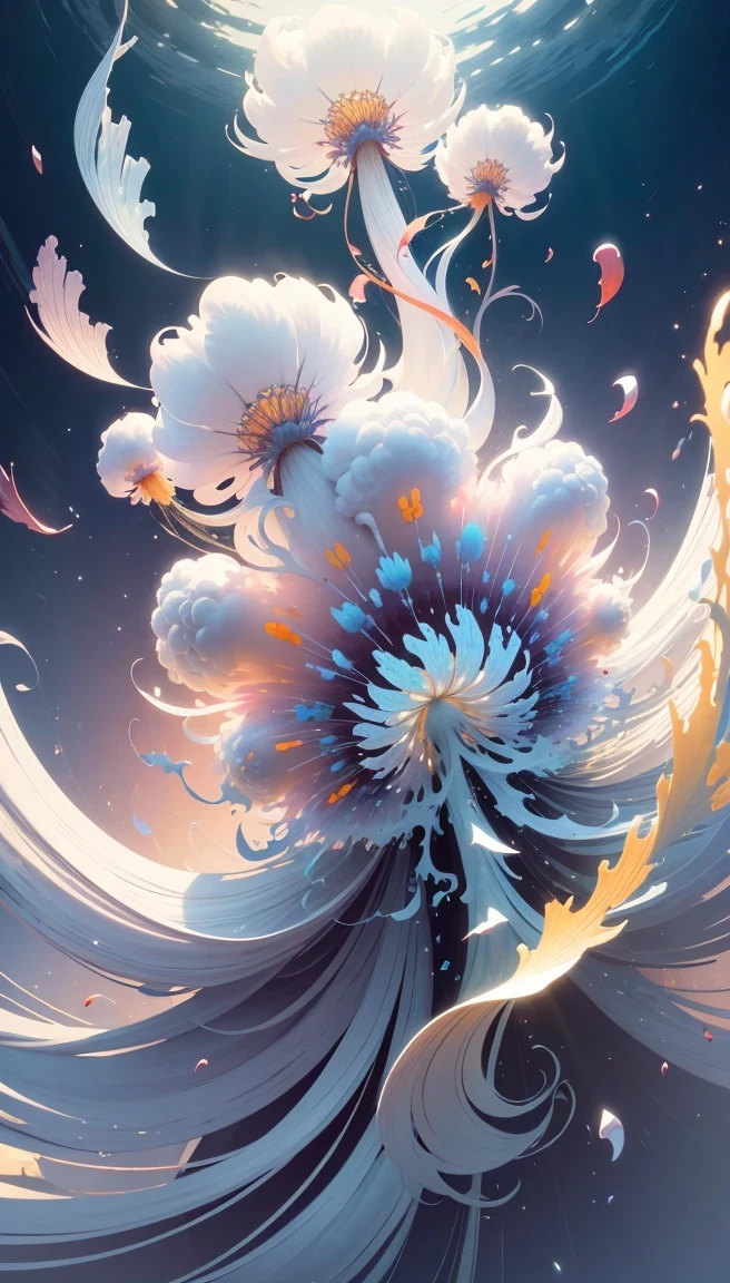 (((White cloud background))), (((high saturation))), ((Surrounded by brilliant colors)))) super detailed, Beautiful and beautiful, masterpiece, best quality, (tangled, mandala, tangled, twist), (Fractal art: 1.3), 1 jellyfish, Very detailed, dynamic angle, cowboy shooting, Chaos in its most beautiful form, elegant, brutalist design, bright colors, romanticism, Michael Mraz, Adrian Gurney, Petra Courtright, Atmospheric, ecstatic notes, Mobile phone notes are visible