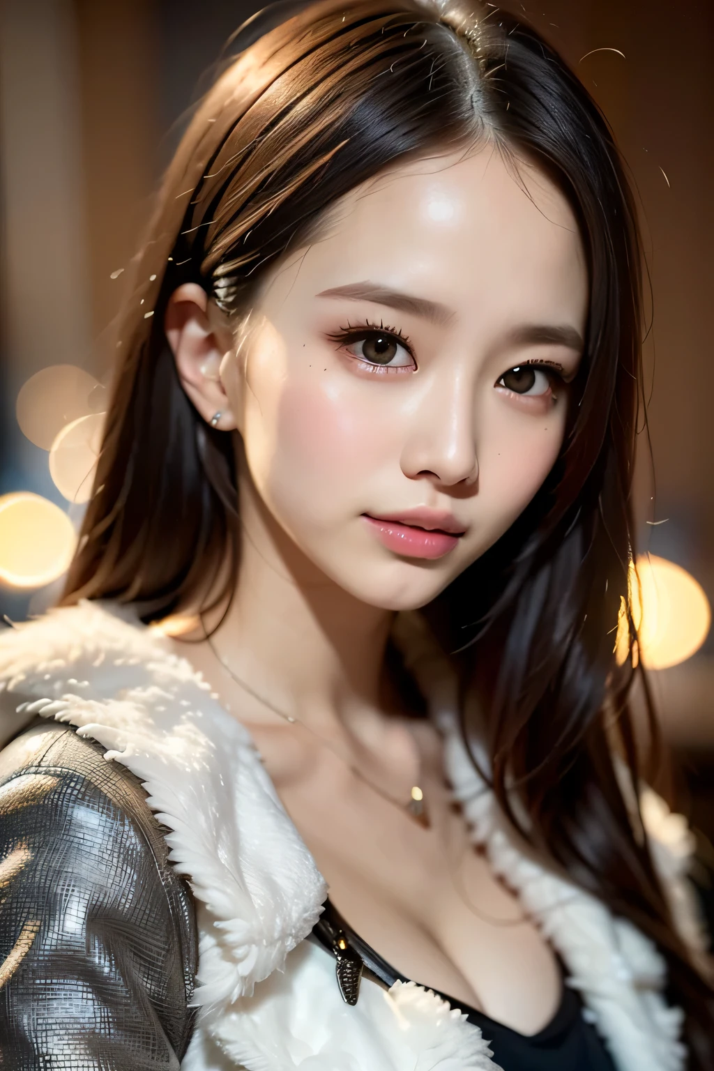 1 beautiful young girl, 非常にbeautiful詳細な顔, smile shyly, (slender body:1.2), (Super stylish black glitter metallic dress, long fluffy white coat), dark brown hair, medium long hair, (detailed face:1.2), conceptual art, high quality, realistic, very detailed CG 統合 8k 壁紙, very detailed, High-definition RAW color photo, professional photography, realistic portrait, cinematic light, beautiful, Super detailed, advanced details, (Bokeh), Depth of the bounds written, illumination, neon street, super stylish lighting, (beautiful小さな胸:1.2), smooth and perfect skin, Expressive and captivating eyes, distinct facial features, perfectly proportioned face, Fine Details and realistic Textures, break, anna_girl:1.2, look forward, smile, mole under left eye