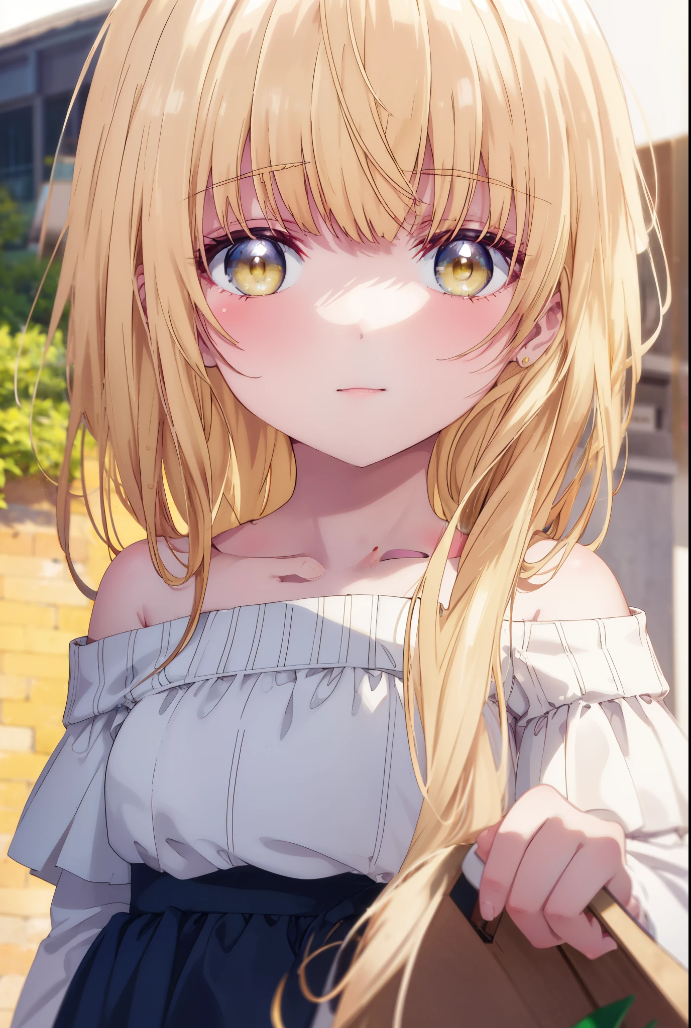 mahirushiina, Mahiru Shiina, bangs, blonde hair, brown hair, (yellow eyes:1.3)long straight hair,,blush,smile,naked neck,bare clavicle,bare shoulders,white off shoulder sweater,black long skirt,Cute Sandals,bag:holding 1 in both hands,daytime,Light of the sun,
break outdoors,In town,スーパーマーケット入り口
break looking at viewer,removed from above,whole body, (cowboy shot:1.5),
break (masterpiece:1.2), highest quality, High resolution, unity 8k wallpaper, (figure:0.8), (detailed and beautiful eyes:1.6), highly detailed face, perfect lighting, Very detailed CG, (perfect hands, perfect anatomy),