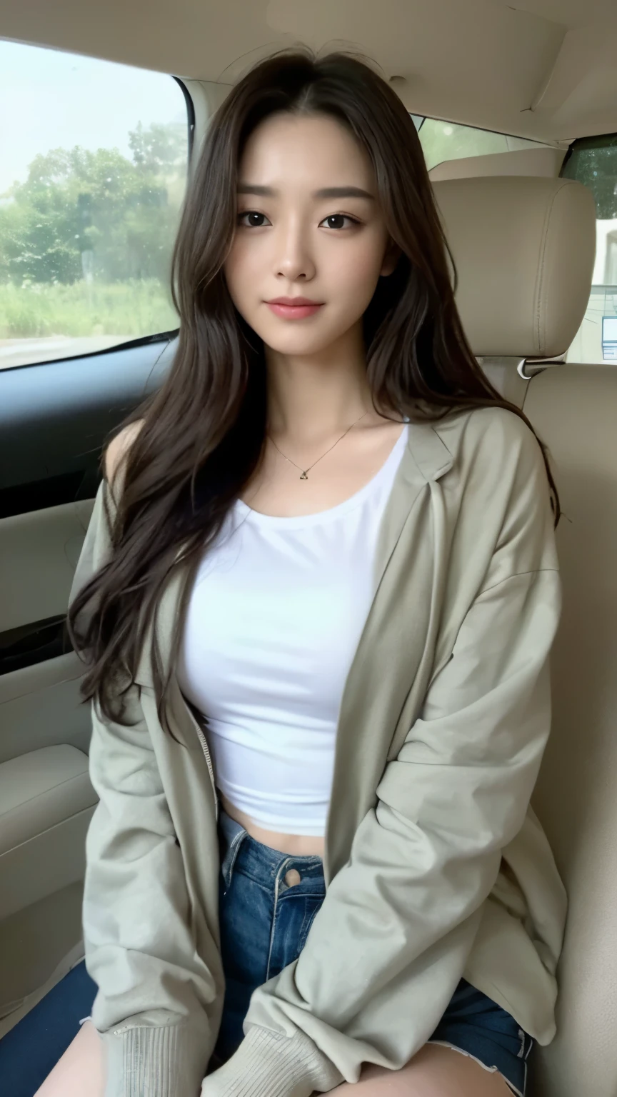 ((top-quality、8k、masterpiece:1.3))、Beautiful woman with perfect body:1.4、slim abdomen:1.2、Longhair, normal breast, Highly detailed facial and skin texture, A detailed eye, delicate eyes, double eyelid, (smile), (full body shot), ((in the car)), (sitting in the car), (((wearing white t-shirt with jacket)), looking in front