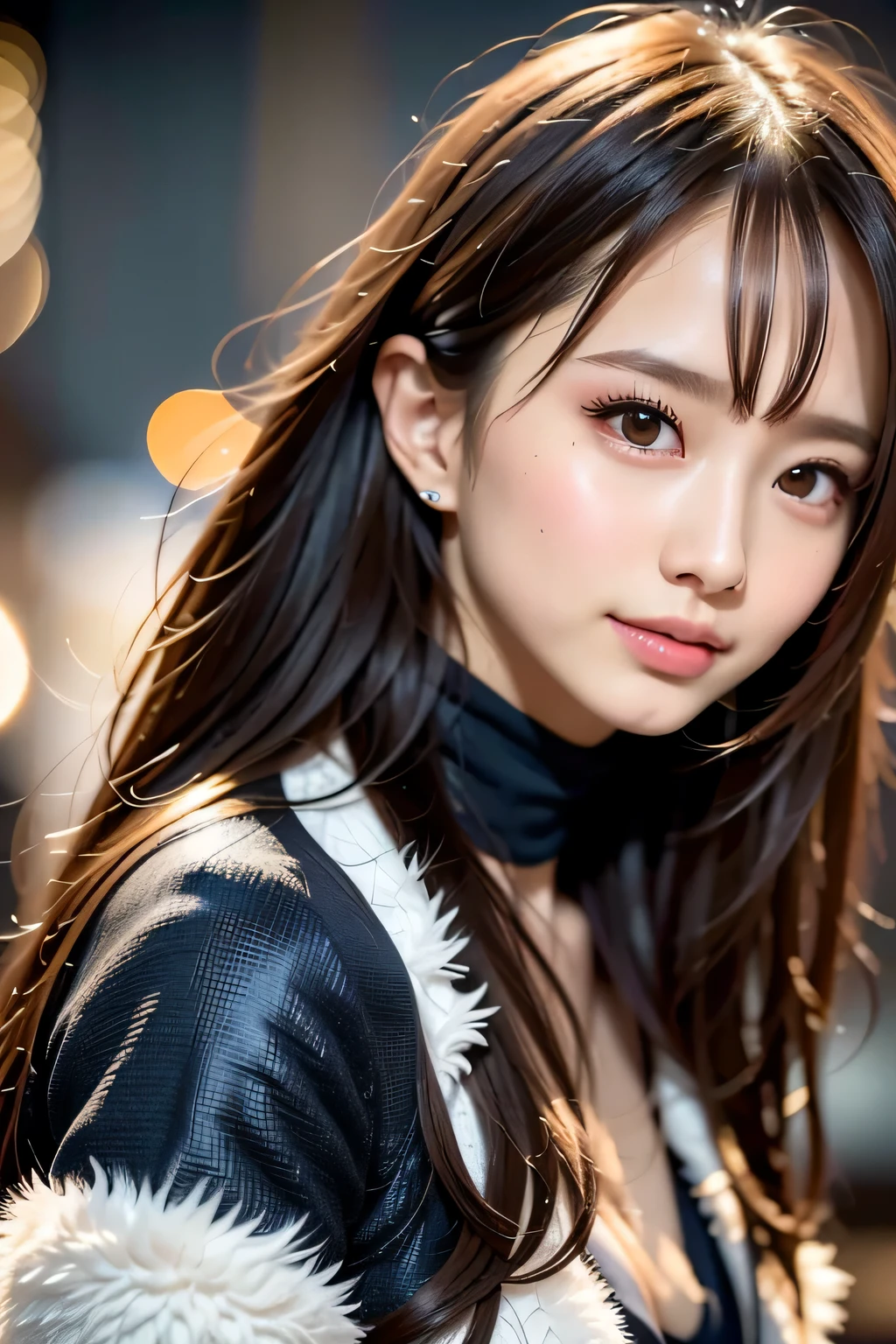 1 beautiful young girl, 非常にbeautiful詳細な顔, smile shyly, (slender body:1.2), (Super stylish black glitter metallic dress, long fluffy white coat), dark brown hair, medium long hair, (detailed face:1.2), conceptual art, high quality, realistic, very detailed CG 統合 8k 壁紙, very detailed, High-definition RAW color photo, professional photography, realistic portrait, cinematic light, beautiful, Super detailed, advanced details, (Bokeh), Depth of the bounds written, illumination, neon street, super stylish lighting, (beautiful小さな胸:1.2), smooth and perfect skin, Expressive and captivating eyes, distinct facial features, perfectly proportioned face, Fine Details and realistic Textures, break, anna_girl:1.2, look forward, smile, mole under left eye