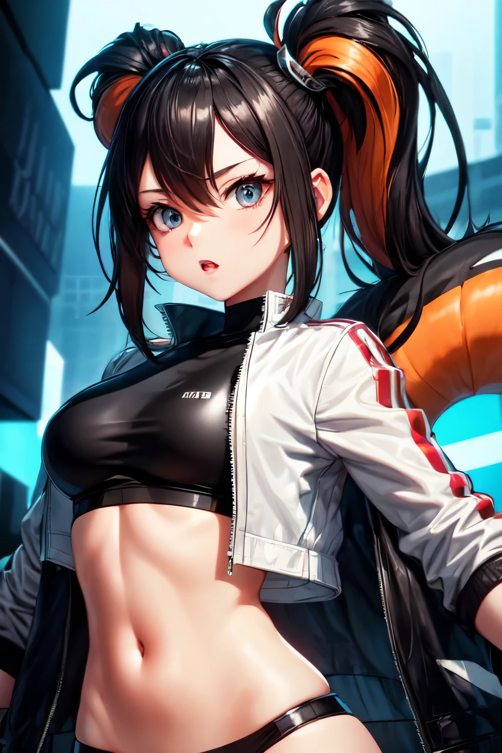 Draw a manga-style character with a physical appearance with this form of the hair Orange with black highlights, tied into two ponytails shaped like jaws, similar to Mawile from Pokémon, Eyes Pink, bright, and expressive and Build Slim and athletic, Attire Upper Body White leather jacket with cyberpunk details, such as integrated LED lights or futuristic lines, Lower Body Sporty bikini in orange, white, and black colors, blending with the cyberpunk style while allowing freedom of movement for physical activities, Personality Creative and curious Always seeking new experiences and forms of expression, Her creative mind drives her to constantly explore new ideas and concepts,sin ropa