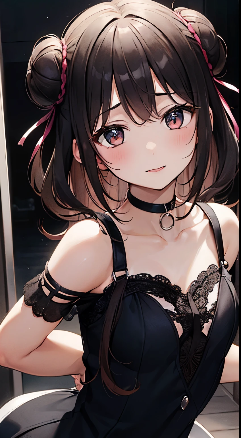 high quality Retina, cute girl, droopy eyes, softness of lips, brown Double bun Hair Claw, nude, Theater, upper body shot