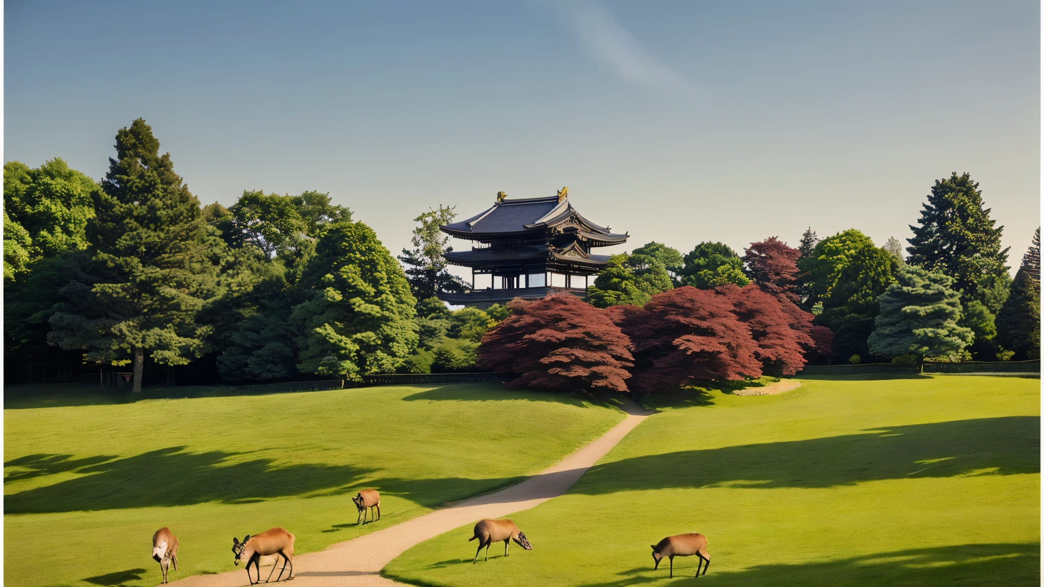 Araffes in the grassland with the tower in the background, deer, beast, temple in the distance, grazing, random and dramatic scene, the imperial palace, japanese temple, parks and gardens, japanese nature, scene!!, Near Japanese shrines, outside, version 3, peaceful scene, ryohji hase