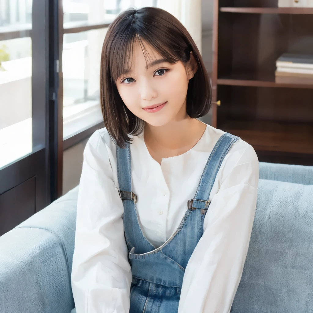 best image quality、highest quality、masterpiece、ultra high resolution、8k、immature、realistic:1.4、professional lighting、cute high school girl、、very short hair、thin、Moderate size chest cup bust、smile、wearing a white tight long-sleeved T-shirt、wearing denim overalls in the living room:1.8、sitting on a white sofa