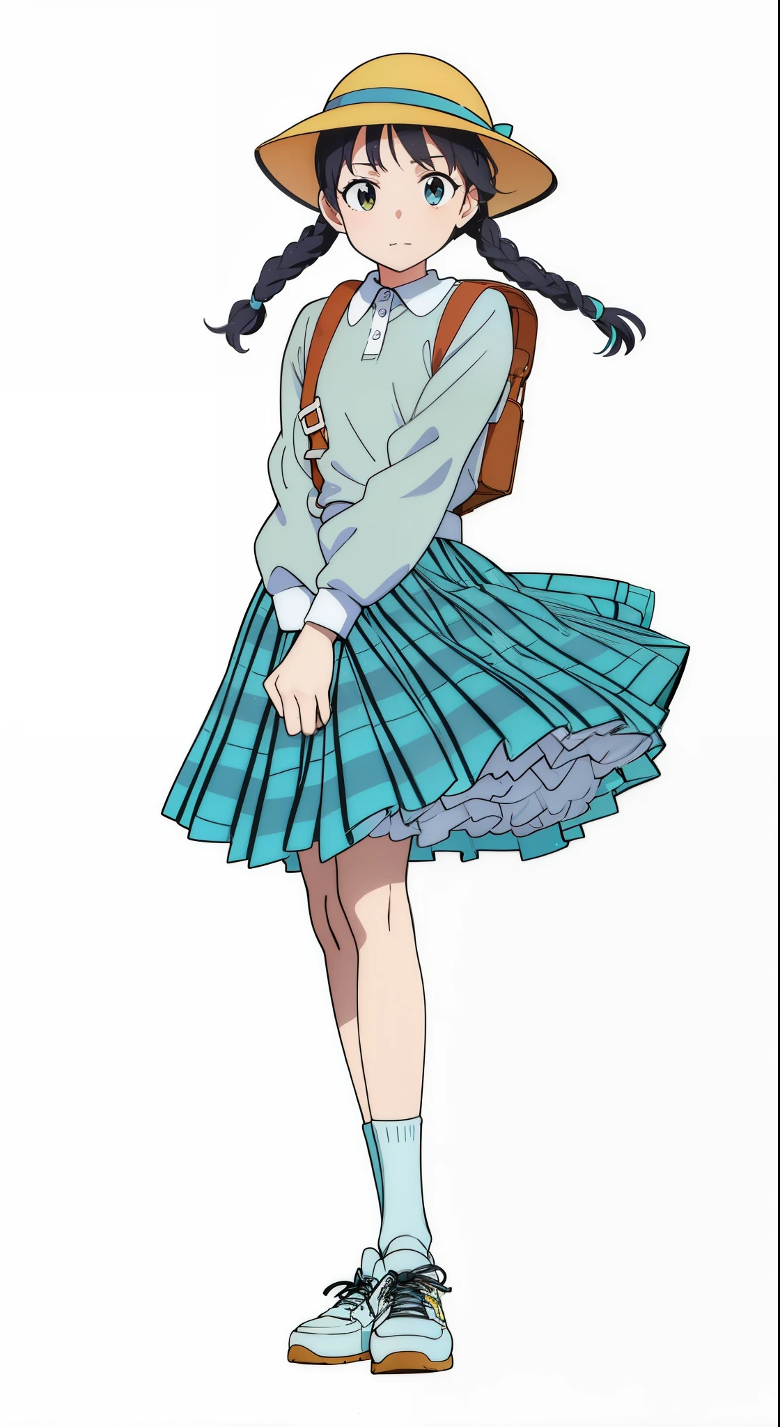 (white petticoat:1.5), (white background:1.0), (best quality:1.0), (masterpiece:1.0), (super fine illustration:1.0), (beautiful artwork:1.0), (anime screencap:1.0), (official art:1.0), (full body:1.0), (solo:1.0), (ESGA:1.0), (a cute girl:1.25), (yellow hat:1.25), (red backpack:1.0), (long skirt:1.0), (green tartan skirt:1.0), (pleated skirt:1.0), (aqua blue polo shirt:1.0), (long sleeve polo shirt:1.0), (sneakers:1.0), (white socks:1.25), (ideal ratio body proportions:1.25), (lanky:1.25), (tall:1.25), (slender:1.25), (small breasts:1.25), (smaller face:1.25), (tareme:1.5), (detailed beautiful eyes:1.25), (detailed beautiful face:1.25), (glowing black eyes:1.1), (short hair:1.0), (twin braids:1.0), (black hair:1.0), (looking at viewer:1.5)