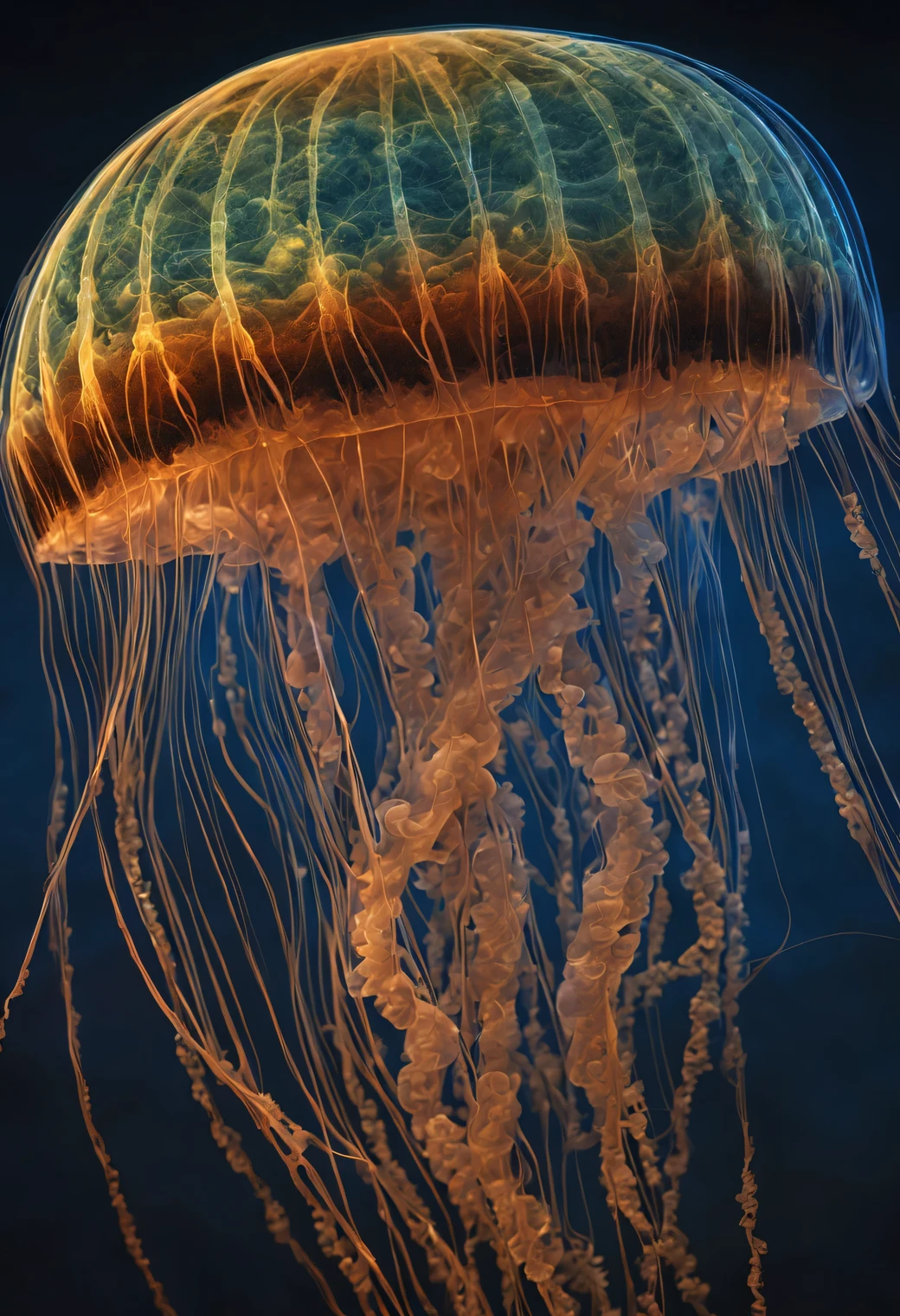 Neural network art, high-precision and clear image of a jellyfish from the world of neural networks, worlds of neural networks, neural network jellyfish, jellyfish from another world, a lot of details, very good work, shadows and glow, filigree craftsmanship, Beautiful image, Masterpiece, HIGH DETAIL 32k