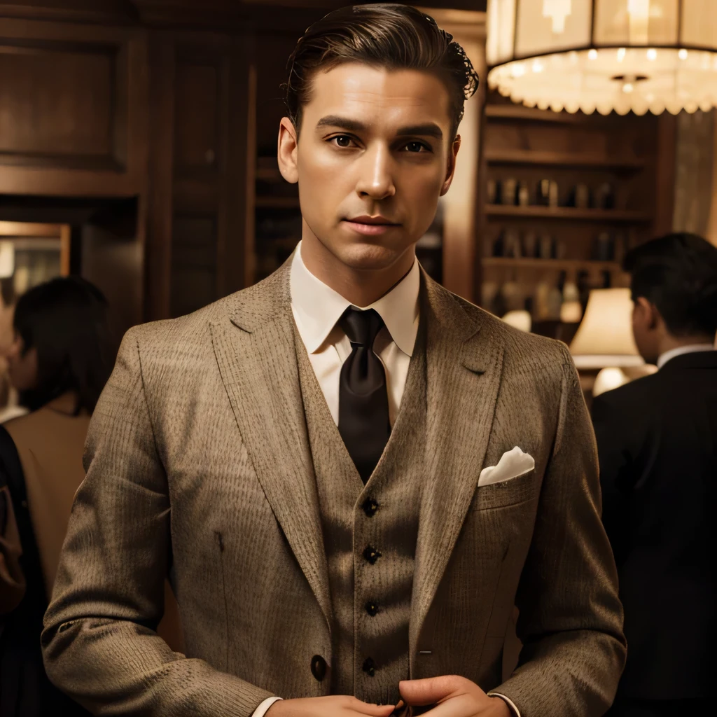 (best quality,4k,8k,highres,masterpiece:1.2), ultra-detailed, (realistic,photorealistic,photo-realistic:1.37), a stylish 1920s gentleman, donning a classic, tailored three-piece suit, with a slicked-back hairstyle, confidently holding a walking cane, against a backdrop of a bustling speakeasy，vivid colors, portraits, [vibrant lighting].