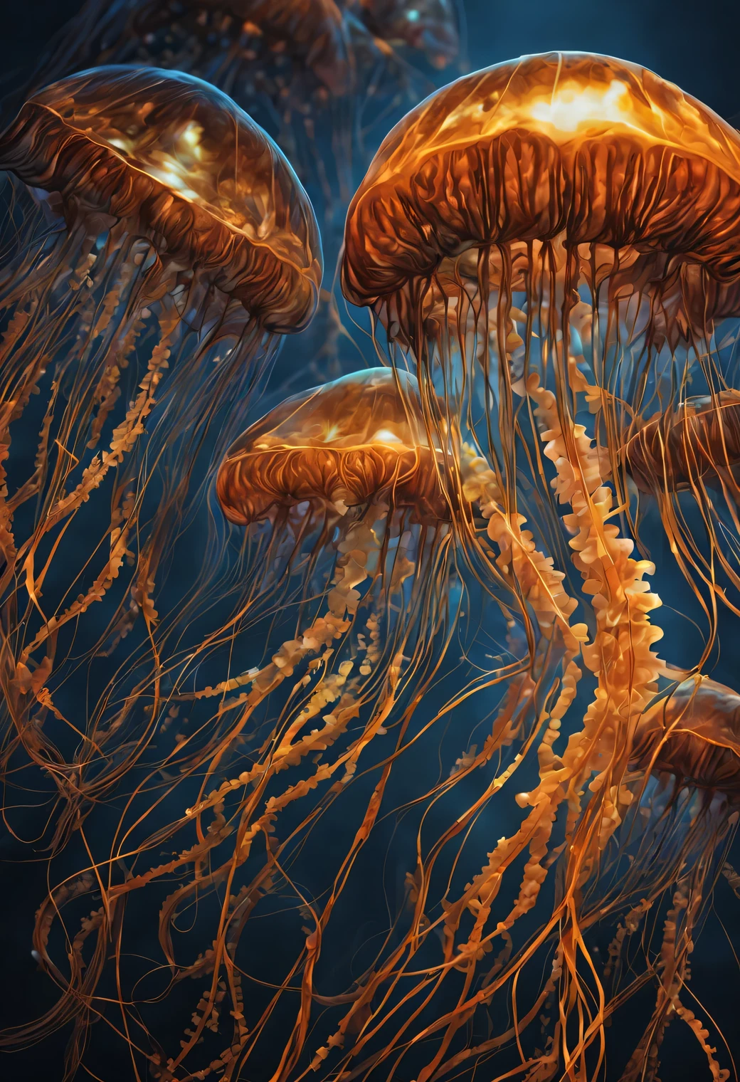 Nikon W300 underwater photography in the ocean, very beautiful unusual jellyfish, never known before, the jellyfish has neural network structures and glowing internal elements, folded into intricate, bizarre shapes made of very fine lines., filigree, the jellyfish combines with the azure ocean water and stands out in contrast against its background, Professional photography, A high resolution, High detail. A high resolution, depth of field