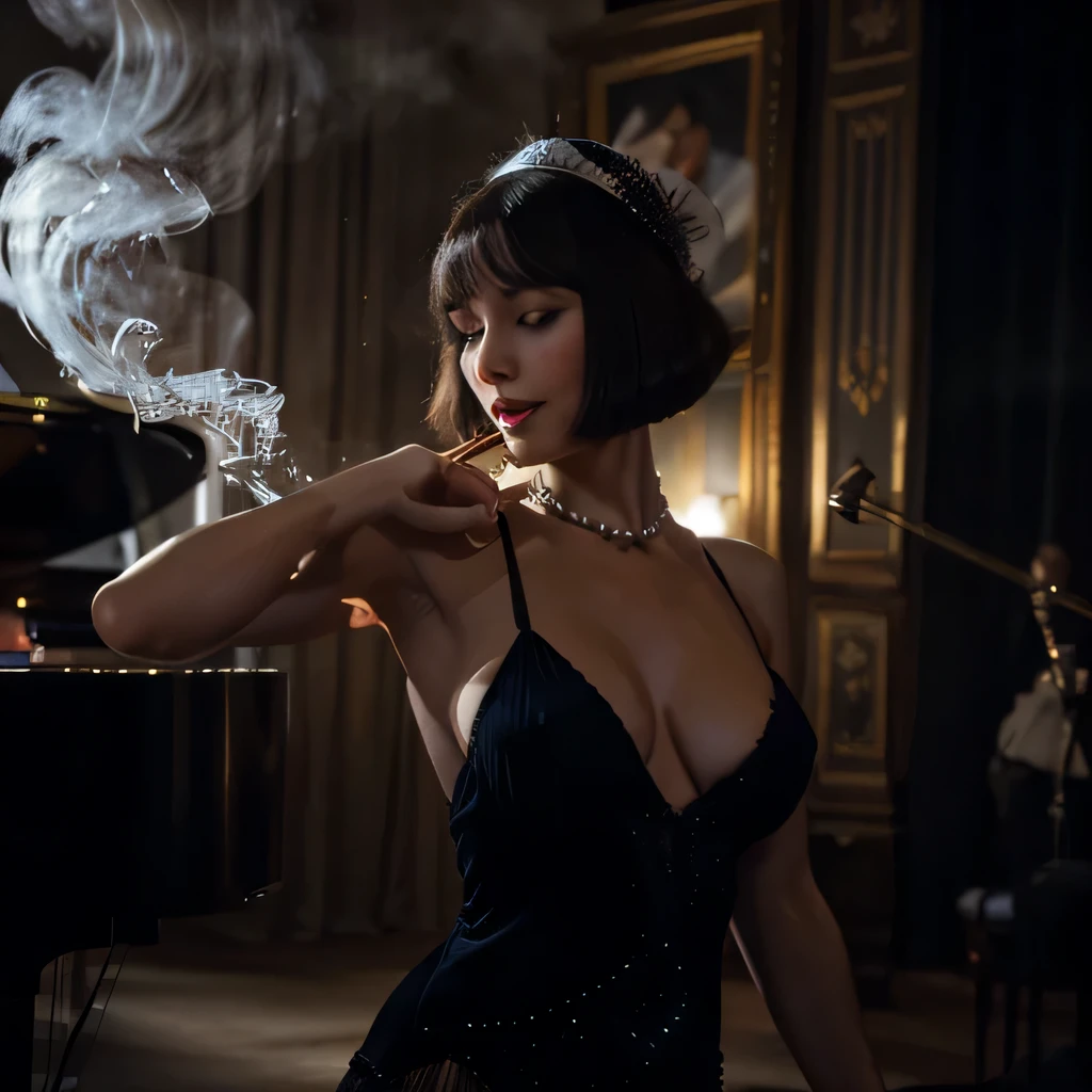 (best quality,4k,highres,masterpiece:1.2),ultra-detailed,realistic,portrait,1920s,flapper girl,bob haircut,elegant,dancing,glamorous jazz club,shimmering,fringed flapper dress,pearls,feathered headband,classic black and white,soft natural lighting,joyful atmosphere,exciting music,sparkling decorations,smooth moves,vintage ambiance,grand piano,midnight blue velvet curtains,smoky silhouette,swirling smoke,captivating performance,fascinating audience,flickering candle lights,mysterious charm,alluring seduction,jazz band,melodic tunes,dancing partners,high energy,exquisite craftsmanship,moving rhythm