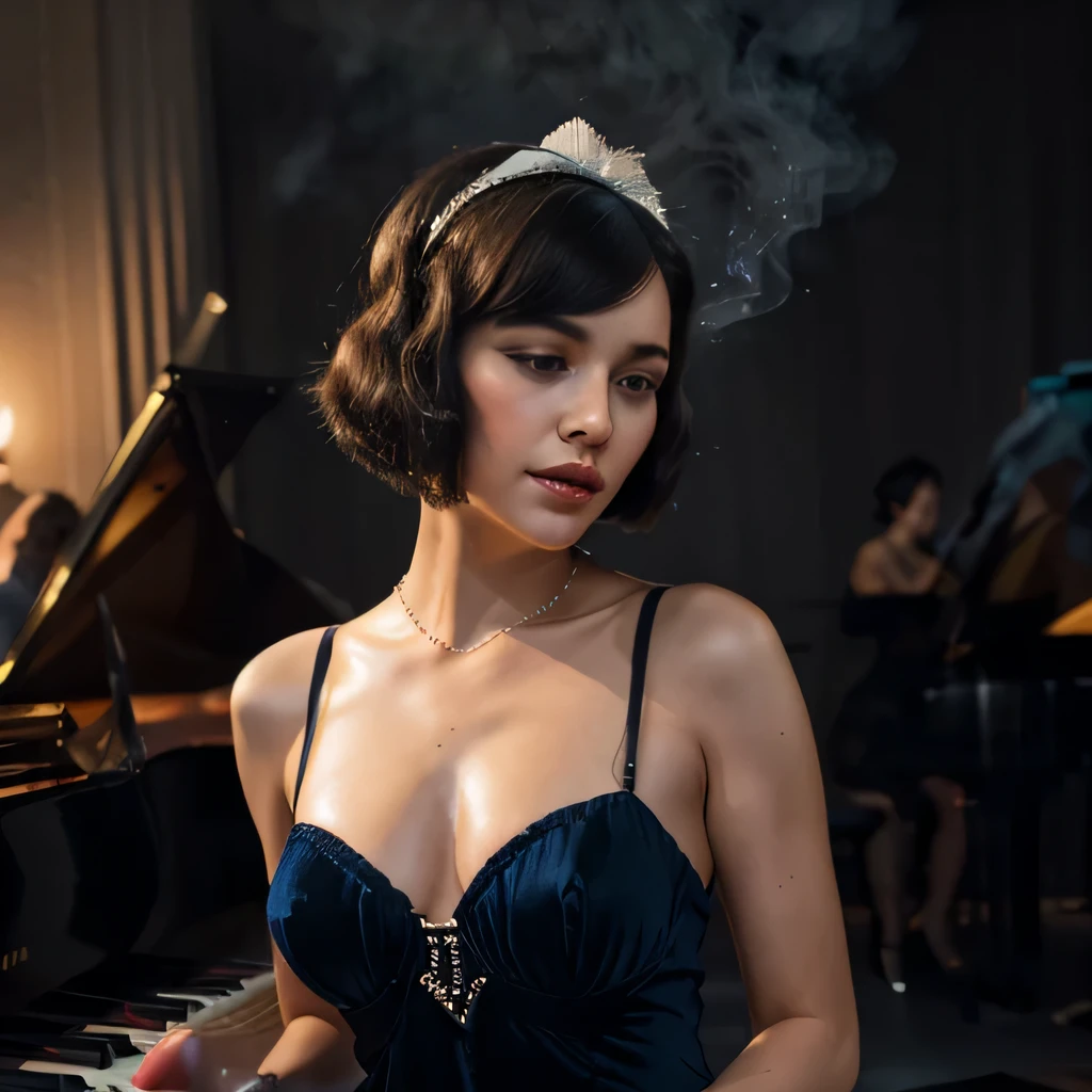 (best quality,4k,highres,masterpiece:1.2),ultra-detailed,realistic,portrait,1920s,flapper girl,bob haircut,elegant,dancing,glamorous jazz club,shimmering,fringed flapper dress,pearls,feathered headband,classic black and white,soft natural lighting,joyful atmosphere,exciting music,sparkling decorations,smooth moves,vintage ambiance,grand piano,midnight blue velvet curtains,smoky silhouette,swirling smoke,captivating performance,fascinating audience,flickering candle lights,mysterious charm,alluring seduction,jazz band,melodic tunes,dancing partners,high energy,exquisite craftsmanship,moving rhythm