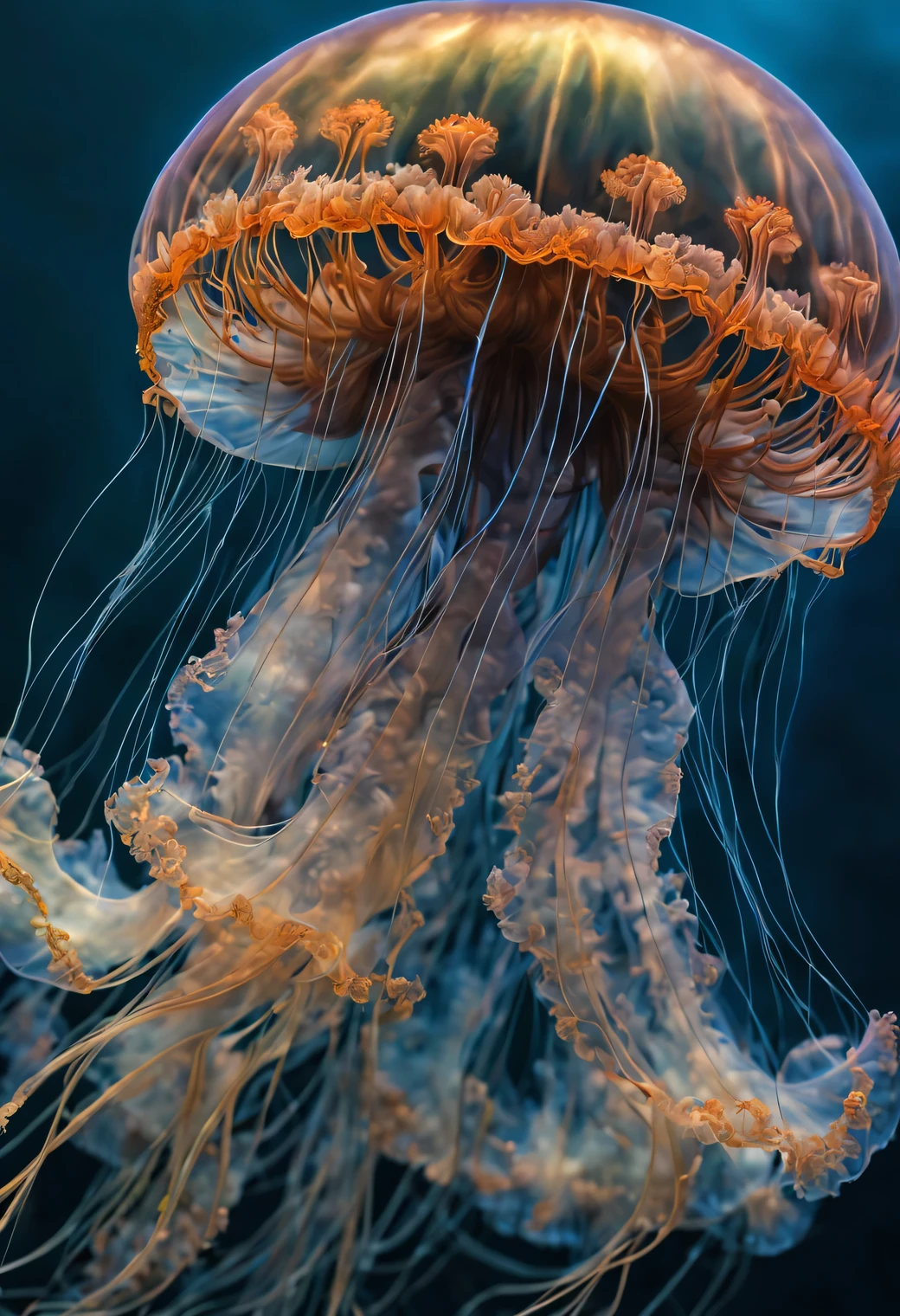 Neural network art, high-precision and clear image of a jellyfish from the world of neural networks, worlds of neural networks, neural network jellyfish, jellyfish from another world, a lot of details, very good work, shadows and glow, filigree craftsmanship, Beautiful image, Masterpiece, HIGH DETAIL 32k