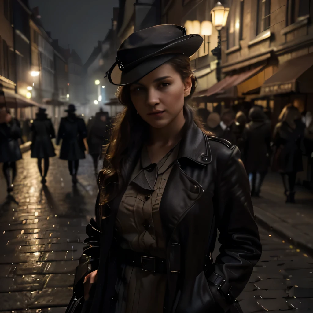 (best quality,4k,8k,highres,masterpiece:1.2),ultra-detailed,(realistic,photorealistic,photo-realistic:1.37),A mysterious figure in a 1920s setting,cloche hat,foggy night,cobblestone street,trench coat,era's charm,intrigue,