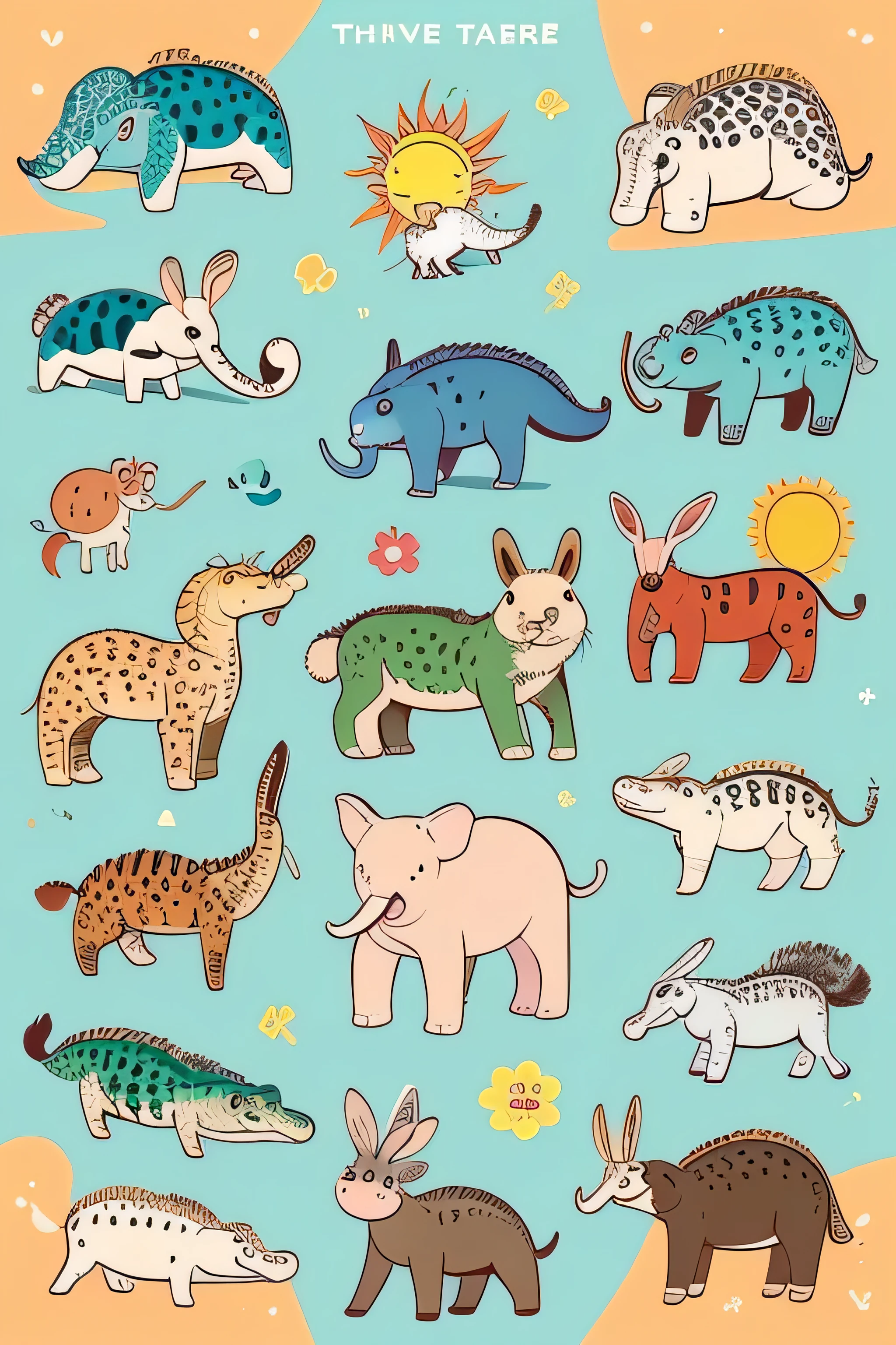 There are many different cute cartoon animals, elephant, crocodile, Rabbit and other animal patterns in this photo, cute, hand drawn illustration, colorful, Wang Chen, crocodileロキ, art cover, ƒ5.6,🦩🪐🐞👩🏻🦳; 🌞🌄 , code, 🪔 🎨 metaverse