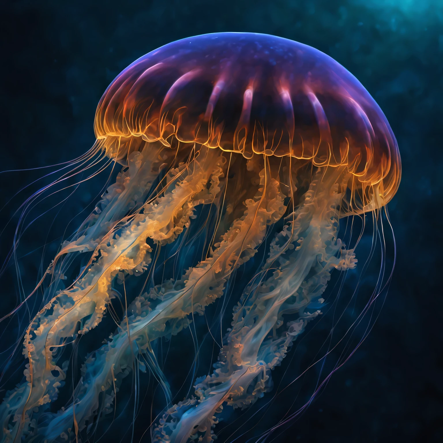 Nikon W300 underwater photography in the ocean, very beautiful unusual jellyfish, never known before, the jellyfish has neural network structures and glowing internal elements, folded into intricate, bizarre shapes made of very fine lines., filigree, the jellyfish combines with the azure ocean water and stands out in contrast against its background, Professional photography, A high resolution, High detail. A high resolution, depth of field