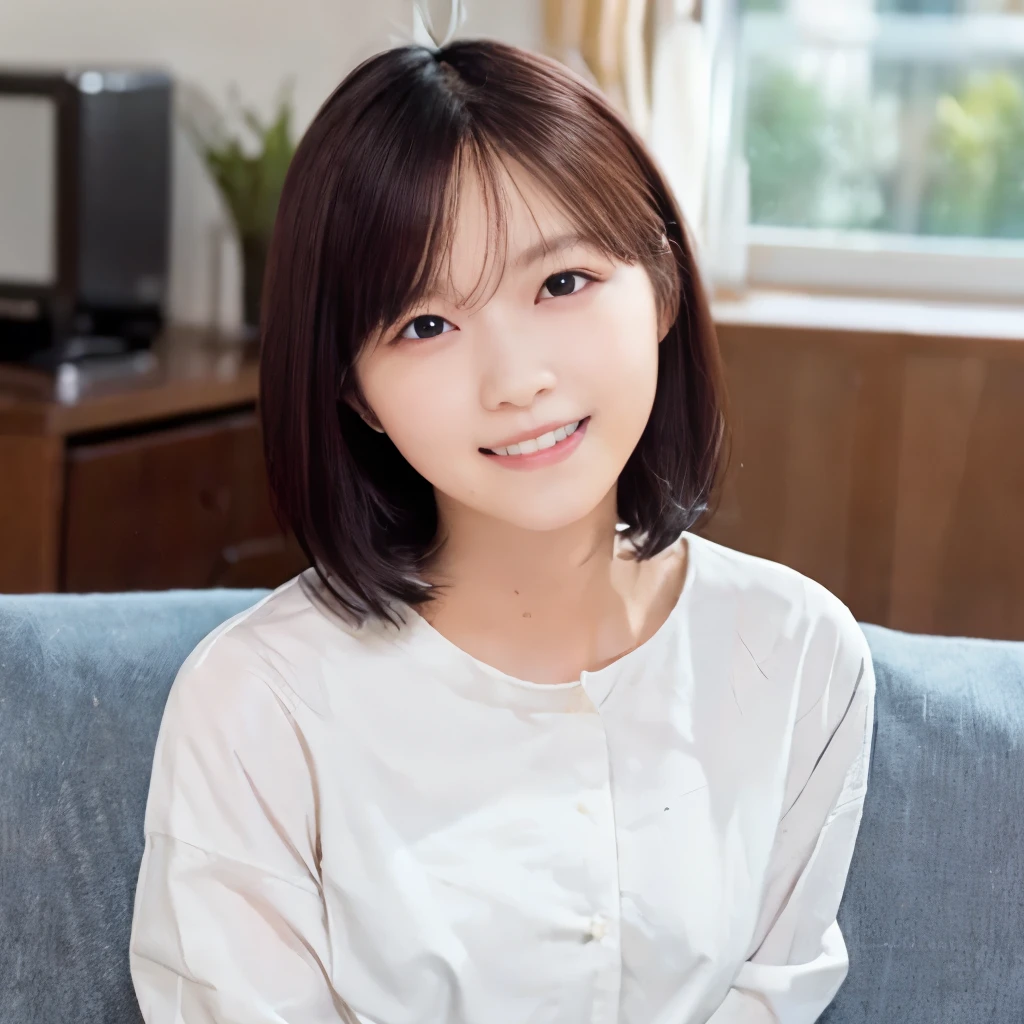 best image quality、highest quality、masterpiece、ultra high resolution、8k、immature、realistic:1.4、professional lighting、cute high school girl、baby face、very short hair、thin、Moderate size chest cup bust、smile、wearing a white tight long-sleeved T-shirt、wearing denim overalls in the living room:1.8、sitting on a white sofa