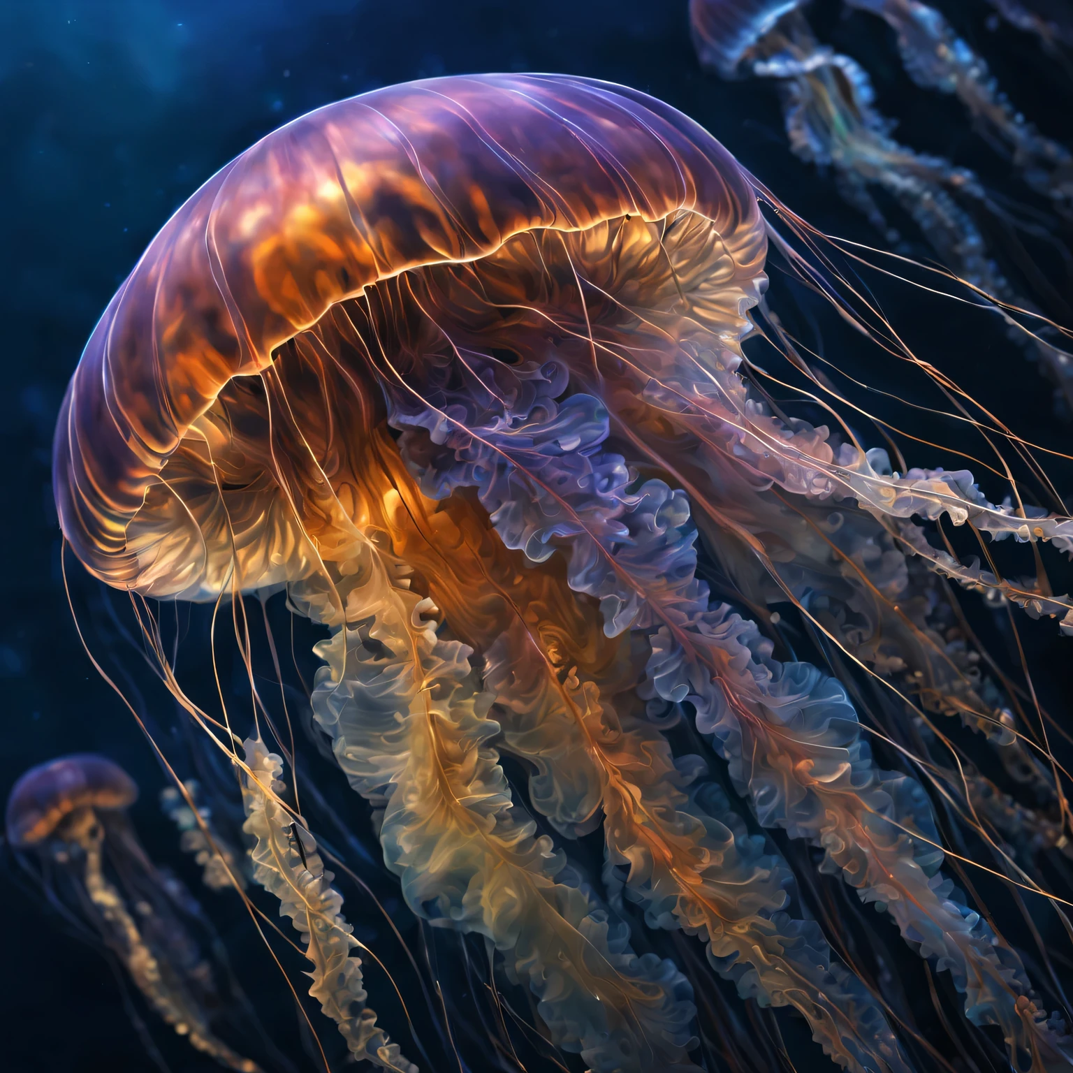 Nikon W300 underwater photography in the ocean, very beautiful unusual jellyfish, never known before, the jellyfish has neural network structures and glowing internal elements, folded into intricate, bizarre shapes made of very fine lines., filigree, the jellyfish combines with the azure ocean water and stands out in contrast against its background, Professional photography, A high resolution, High detail. A high resolution, depth of field