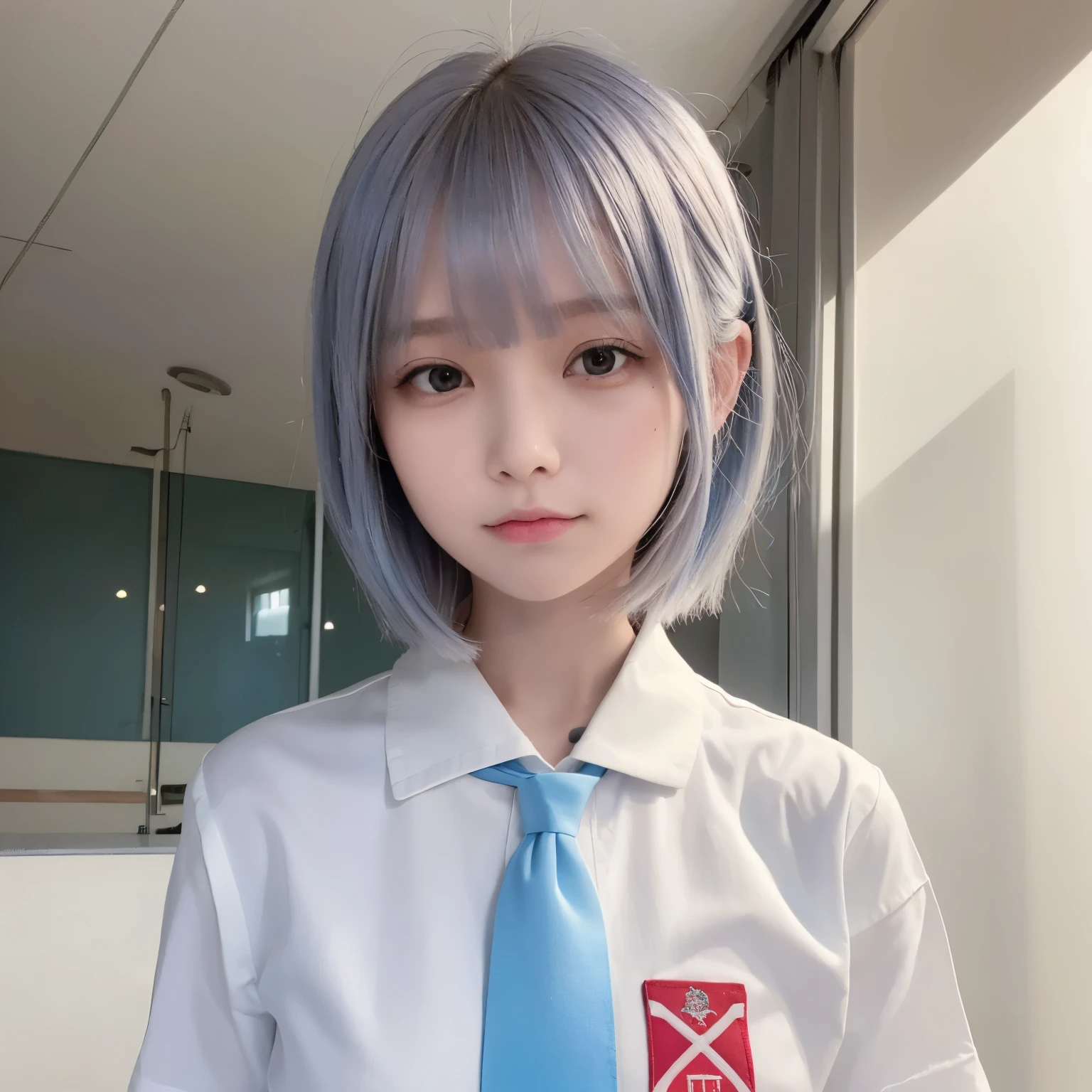 best quality, ultra high res, (photorealistic1.4), 1girl, (white shirt), (light blue necktie), (light blue short hair:1.3), bangs, red eyes, ((puffy eyes)), ((upper body)), (((looking at viewer))), ((closeup)), wearing indonesian high school uniform, indo highschool uniform, 
