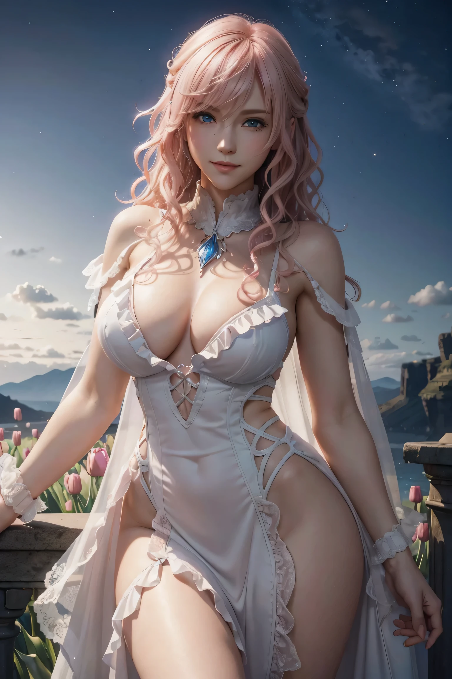 thunder,Final Fantasy,Pink Blonde,medium hair,light perm hair,curly hair on one side,let down the bangs,beautiful blue eyes,beautiful and high nose,White ruffled dress,super high quality,super high quality,masterpiece,digital single lens reflex,realistic,Detailed details,vivid details,depicted in detail,detailed face,Detailed details,Super detailed,realistic skin texture,based on anatomical basis,perfect anatomy,anatomically correct hand,anatomically correct fingers,Complex 3D rendering,Huge ,sexy pose,beautiful tulip field,Final Fantasyの世界観,Fantastic night view,fantastic night sky,beauty like a painting,Take a full body photo,nine heads and bodies,pink lip,Beautiful curly hair,emphasize the beautiful whole body,smile,