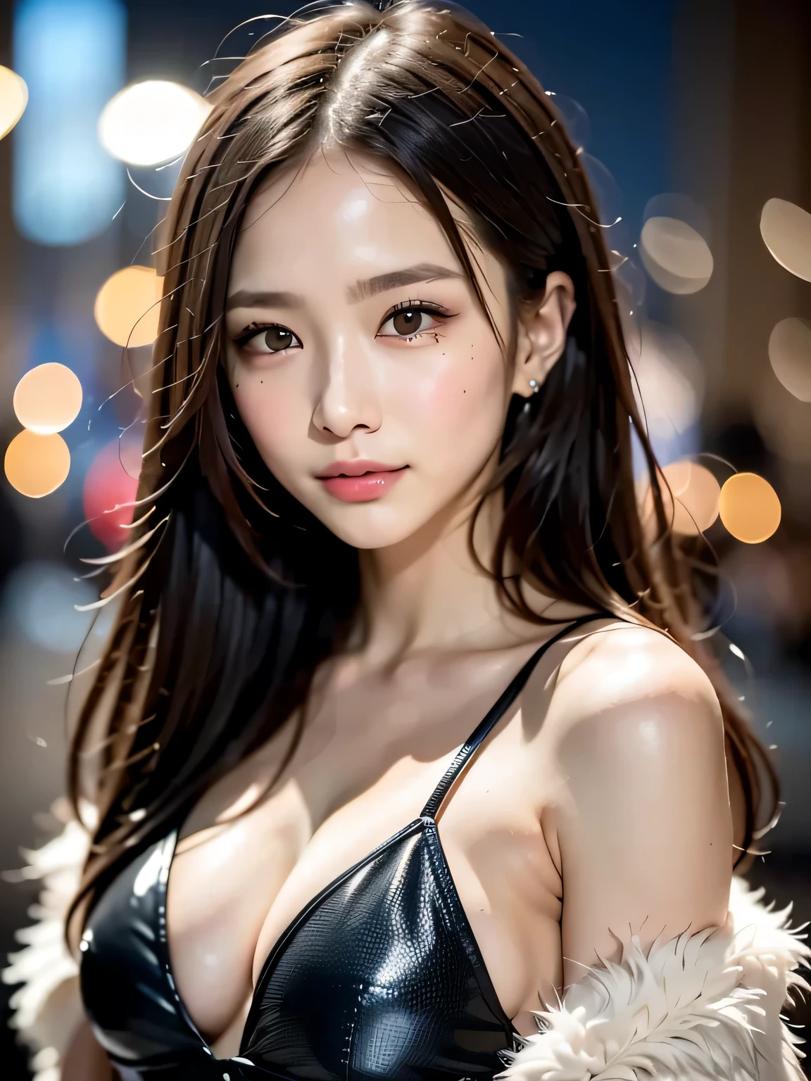 1 beautiful young girl, 非常にbeautiful詳細な顔, smile shyly, (slender body:1.2), (Super stylish black glitter metallic dress, long fluffy white coat), dark brown hair, medium long hair, (detailed face:1.2), conceptual art, high quality, realistic, very detailed CG 統合 8k 壁紙, very detailed, High-definition RAW color photo, professional photography, realistic portrait, cinematic light, beautiful, Super detailed, advanced details, Depth of the bounds written, illumination, neon street, super stylish lighting, (beautiful小さな胸:1.2), smooth and perfect skin, Expressive and captivating eyes, distinct facial features, perfectly proportioned face, Fine Details and realistic Textures, break, anna_girl:1.2, (look forward):1.2, smile, mole under left eye