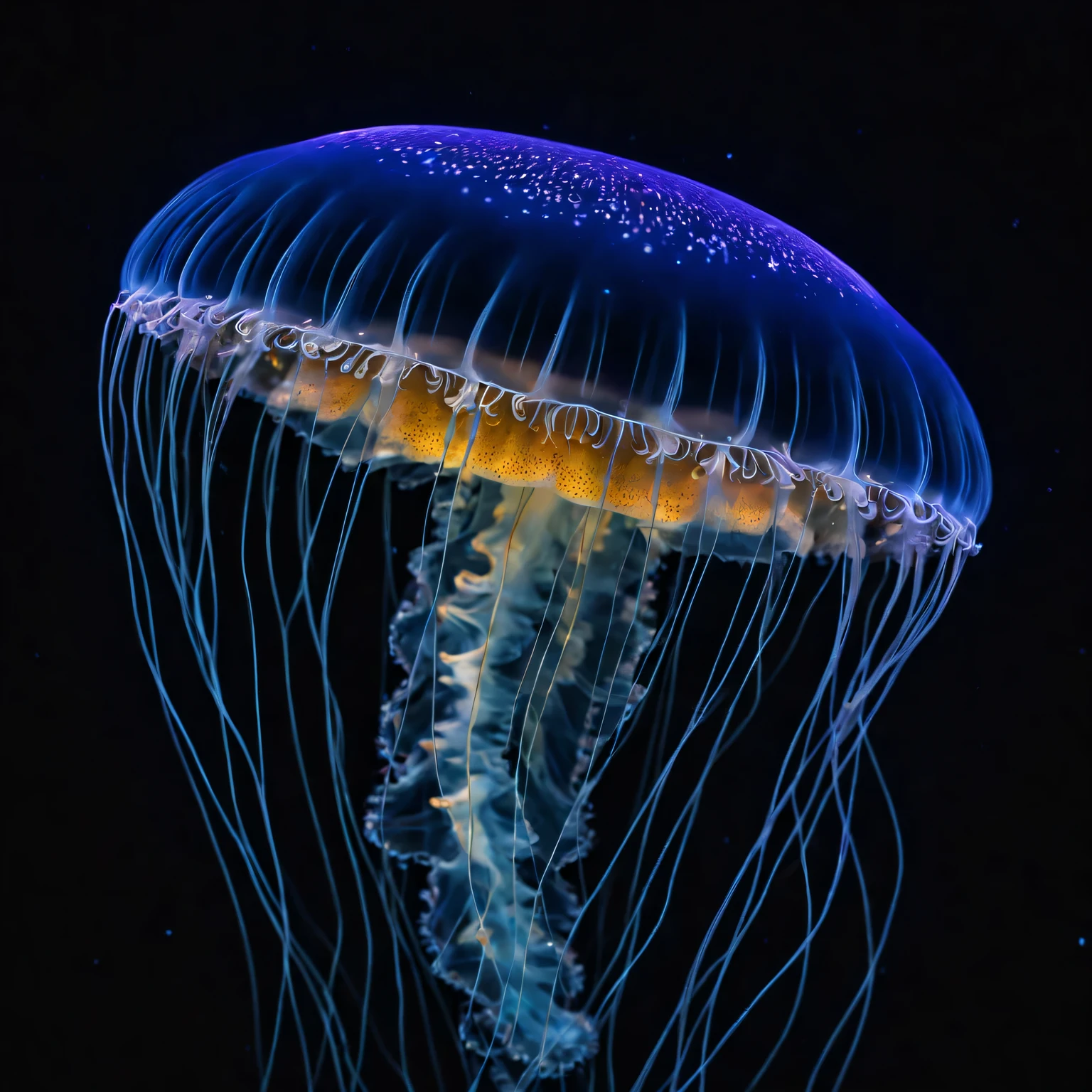 Art of Neural Network, high-precision and clear image of a night jellyfish from the world of neural networks, worlds of neural networks, neural network ocean, the dark depths of the ocean of neural networks, jellyfish neural network, night jellyfish of another world, more details, More clarity, finer lines and weaves, shadows and glow, filigree craftsmanship, Very beautiful, highest detail, Night jellyfish of neural networks is shown in great detail, Focus on jellyfish, High depth of field, night and glow at the depth of neural network ocean