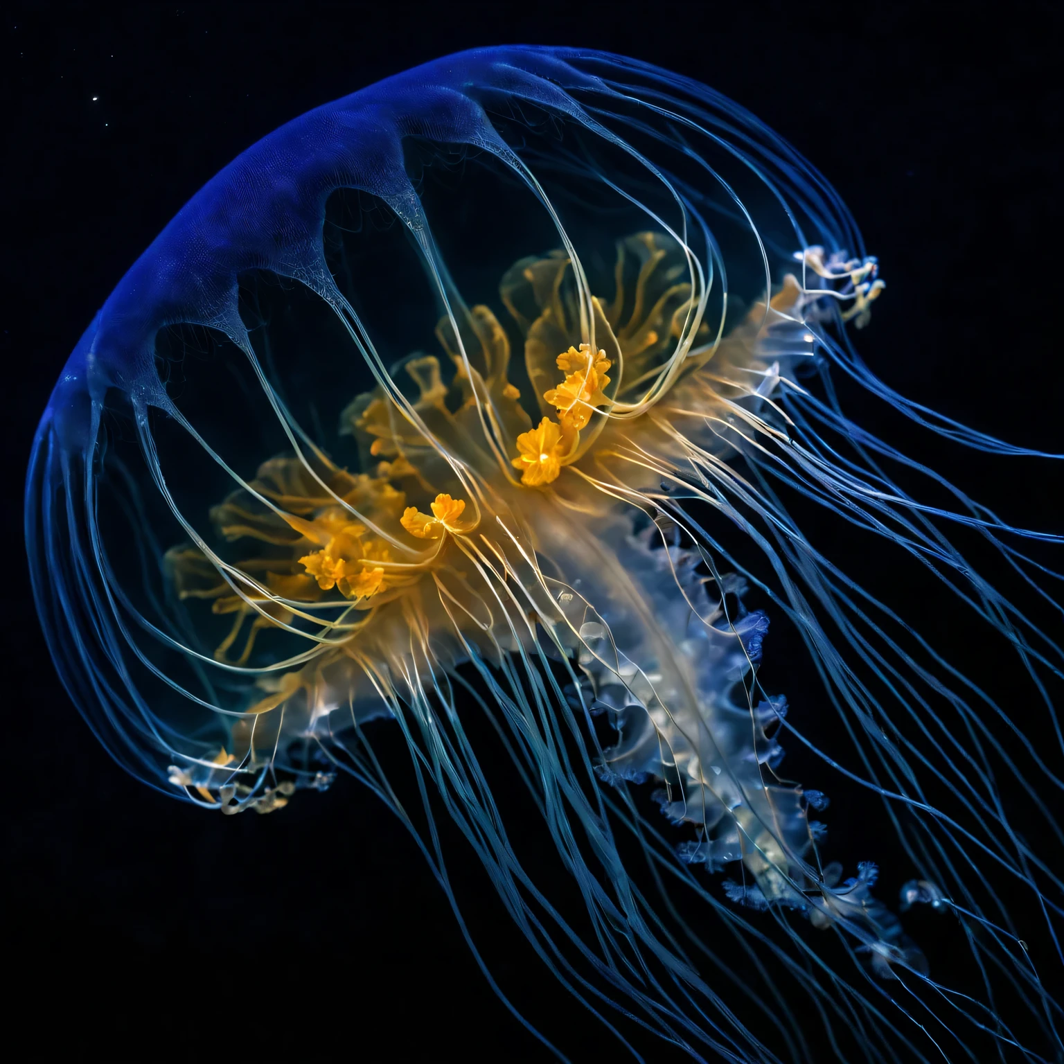 Nikon W300 underwater photography in the ocean, very beautiful unusual jellyfish, never known before, the jellyfish has neural network structures and glowing internal elements, folded into intricate, bizarre shapes made of very fine lines., filigree, the jellyfish combines with the azure ocean water and stands out in contrast against its background, Professional photography, A high resolution, High detail. A high resolution, depth of field