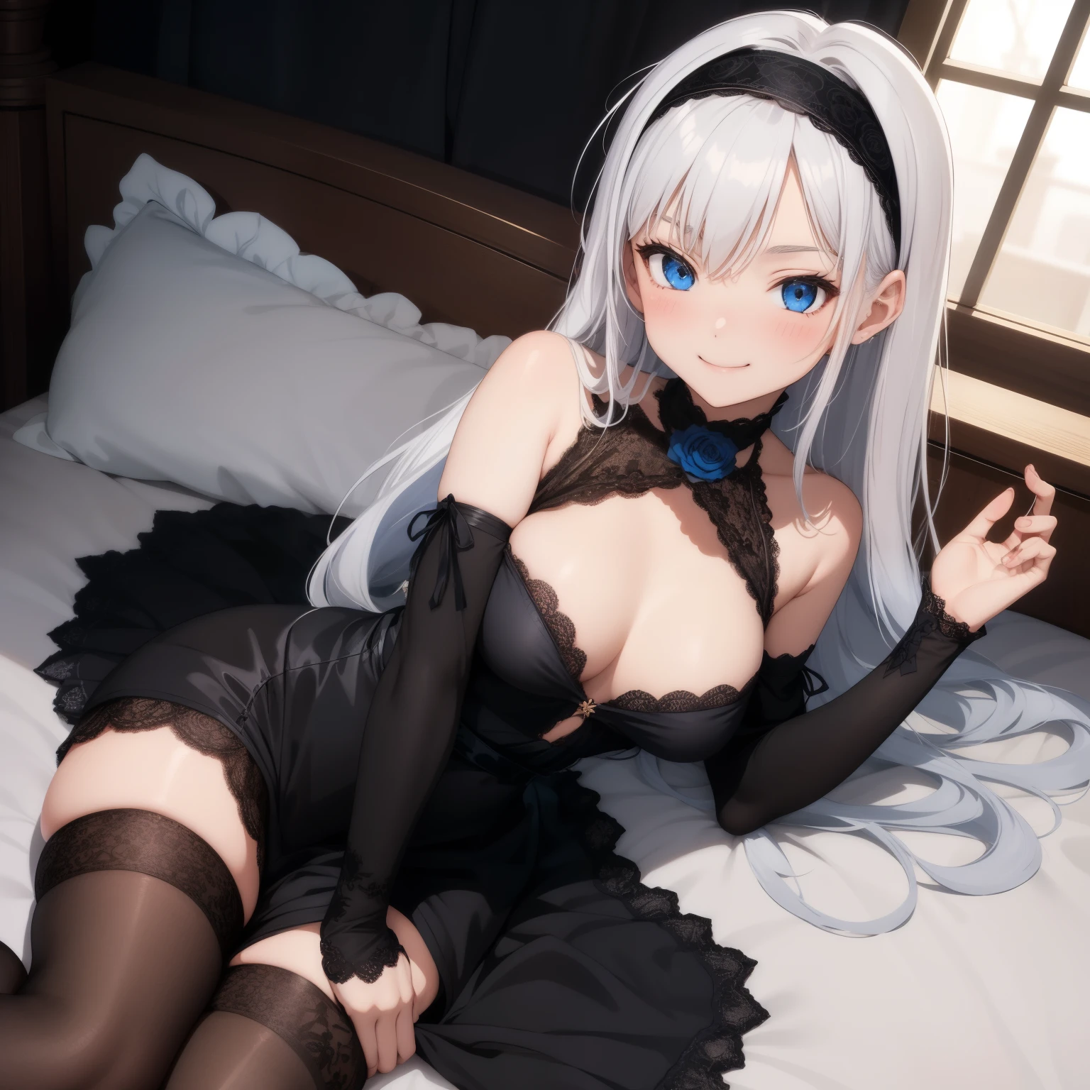 anime style, , kid, , white hair, very long hair, blue eyes, black gothic dress, black roses headband, Black tights with lace, bed, smiling, blush, flat chest, thick legs, wide hips, erotic, pervert, close up, fantasy tavern, night