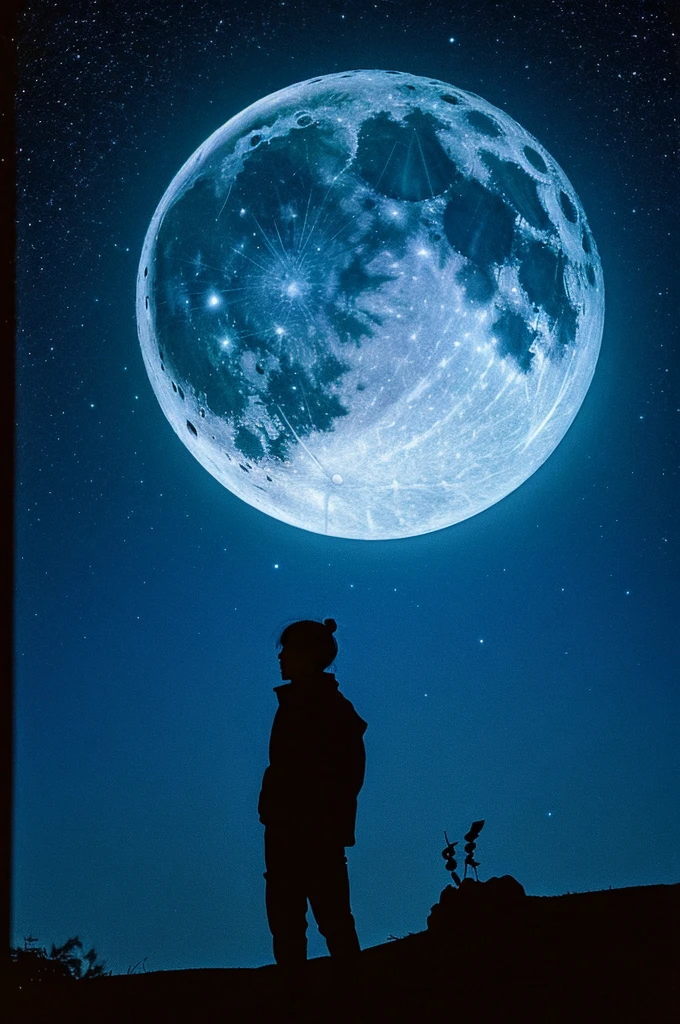 highest quality,big moon and shadow,A silhouette of a person can be seen against the background of the big moon.,There is one full moon,There is a mood,beautiful scenery,starry sky