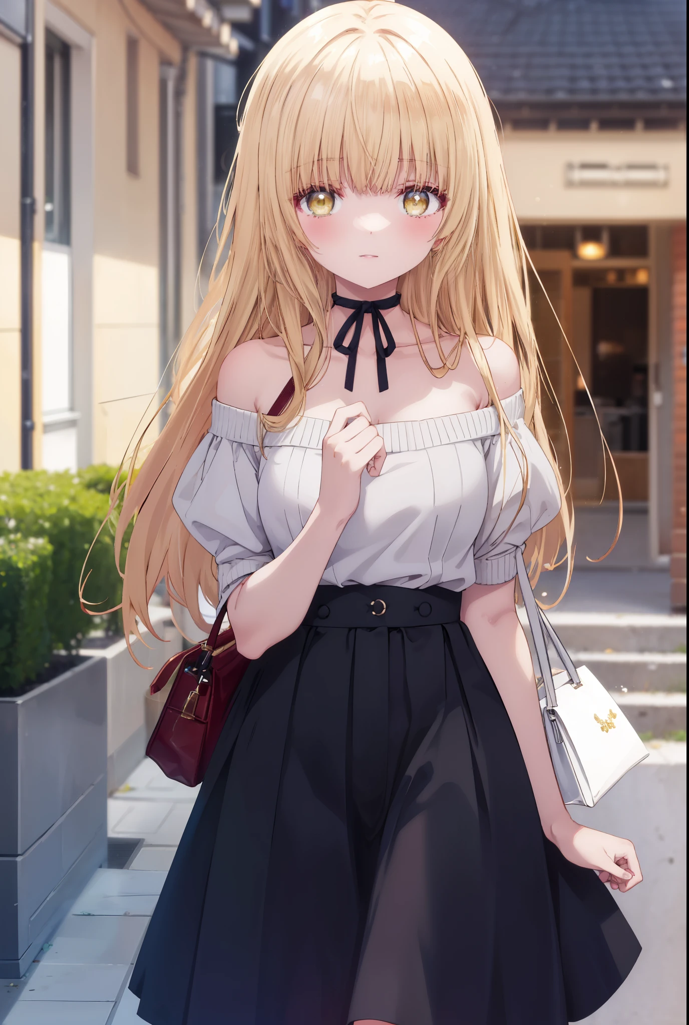 mahirushiina, Mahiru Shiina, bangs, blonde hair, brown hair, (yellow eyes:1.3)long straight hair,,blush,smile,naked neck,bare clavicle,bare shoulders,white off shoulder sweater,black long skirt,Cute Sandals,bag:holding 1 in both hands,daytime,Light of the sun,
break outdoors,In town,スーパーマーケット入り口
break looking at viewer,removed from above,whole body, (cowboy shot:1.5),
break (masterpiece:1.2), highest quality, High resolution, unity 8k wallpaper, (figure:0.8), (detailed and beautiful eyes:1.6), highly detailed face, perfect lighting, Very detailed CG, (perfect hands, perfect anatomy),