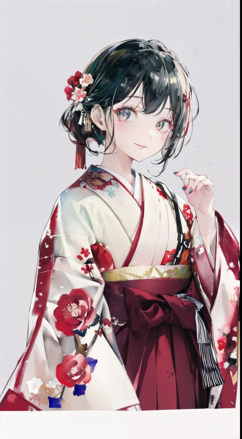 highest resolution、An illustration、1 girl、beautiful face、cute、white background、(watercolor:1.2)、2D、Upper body、Hakama、Her straight black hair is half-up.、red lipstick、smiling shyly、graduation ceremony、gray eyes、beautiful eyes