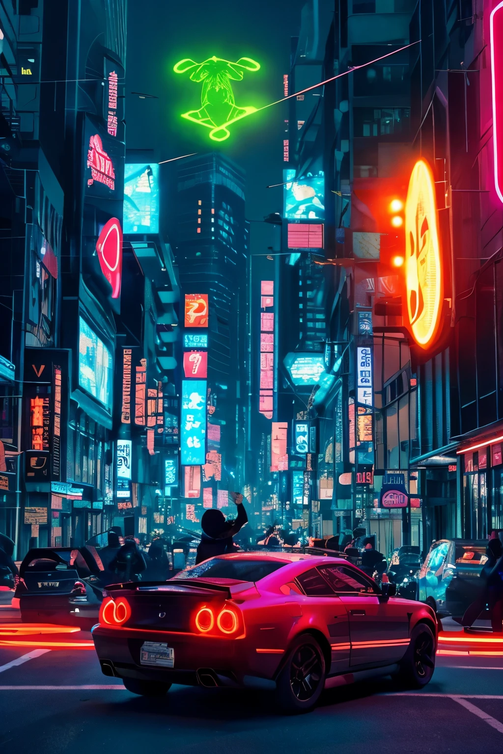mouse、顔はmouseのまま、wearing cyberpunk style clothes、Upper body、Bipedalism - Skyscrapers - Glittering neon cyberpunk patterns and symbols - Giant electronic billboards - Floating cars and drones - Glowing flying cars - Entire cities - Centers of cities - Entire cities are vibrant - Of cities At the center are virtual currency transaction information and future predictions displayed in real time - Floating cars and drones come to life - Glowing flying cars fly across the night sky - Futuristic and exciting atmosphere - Cyberpunk Characteristic patterns and symbols - Glittering neon designs stand out - The city is filled with electronic sounds