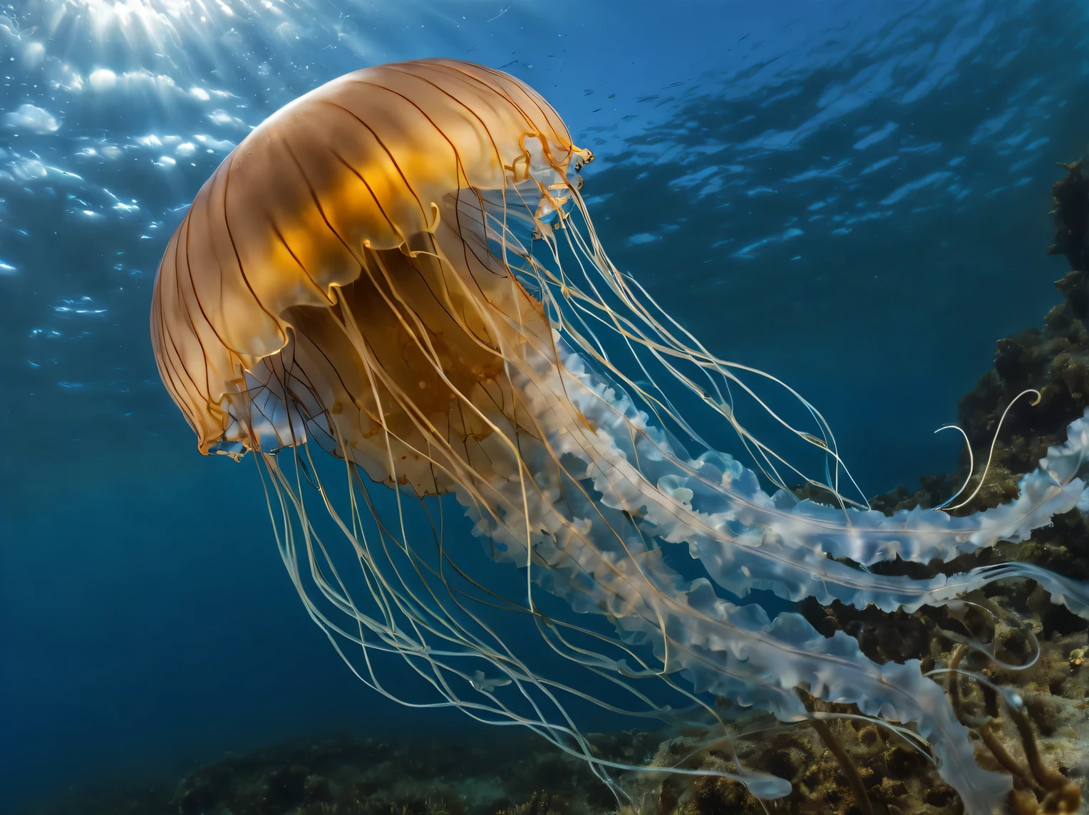 Nikon W300 underwater photography in the ocean, very beautiful unusual jellyfish, never known before, the jellyfish has neural network structures and glowing internal elements, folded into intricate, bizarre shapes made of very fine lines., filigree, the jellyfish combines with the azure ocean water and stands out in contrast against its background, Professional photography, A high resolution, High detail. A high resolution, depth of field