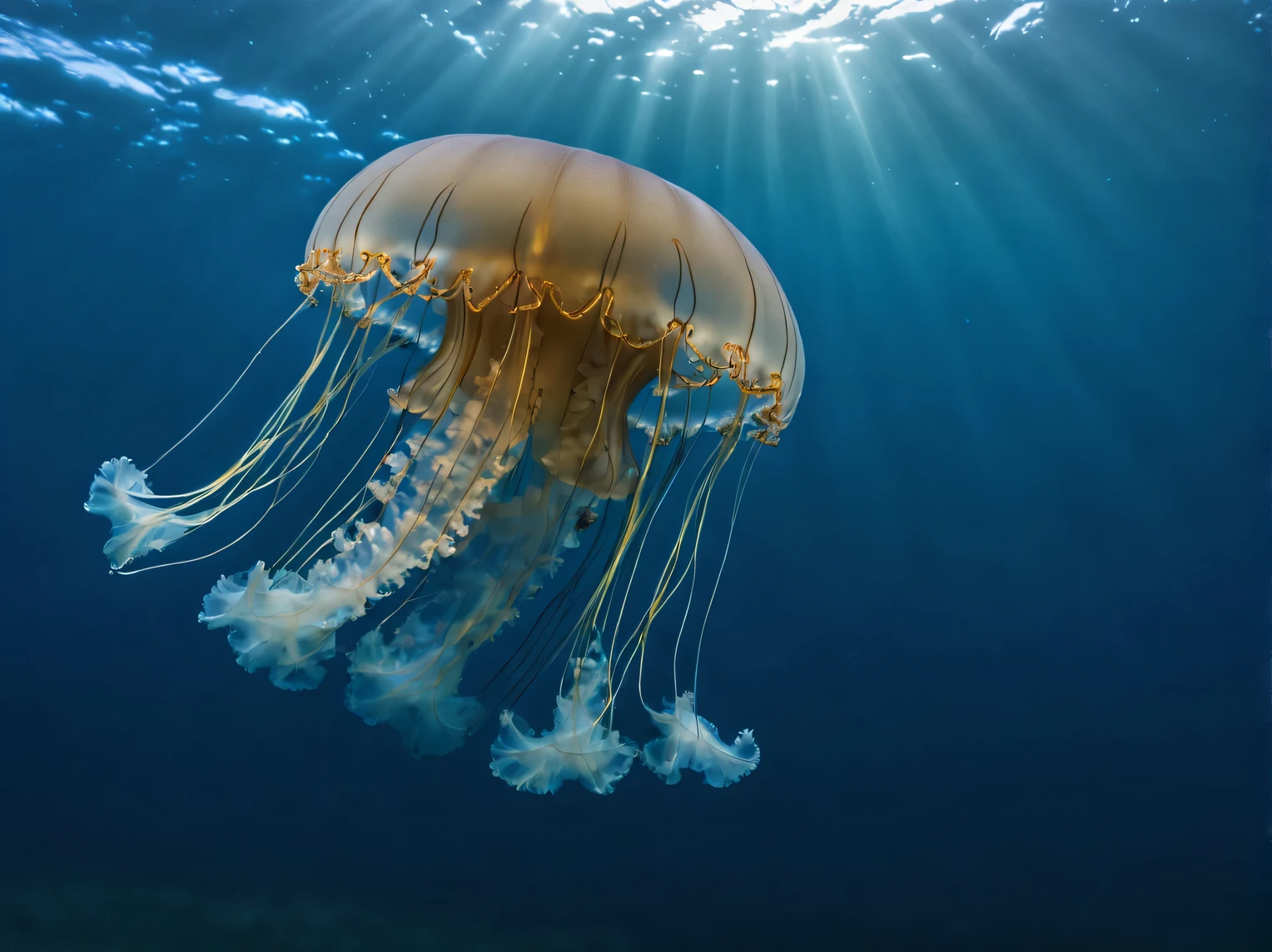 Nikon W300 underwater photography in the ocean, very beautiful unusual jellyfish, never known before, the jellyfish has neural network structures and glowing internal elements, folded into intricate, bizarre shapes made of very fine lines., filigree, the jellyfish combines with the azure ocean water and stands out in contrast against its background, Professional photography, A high resolution, High detail. A high resolution, depth of field