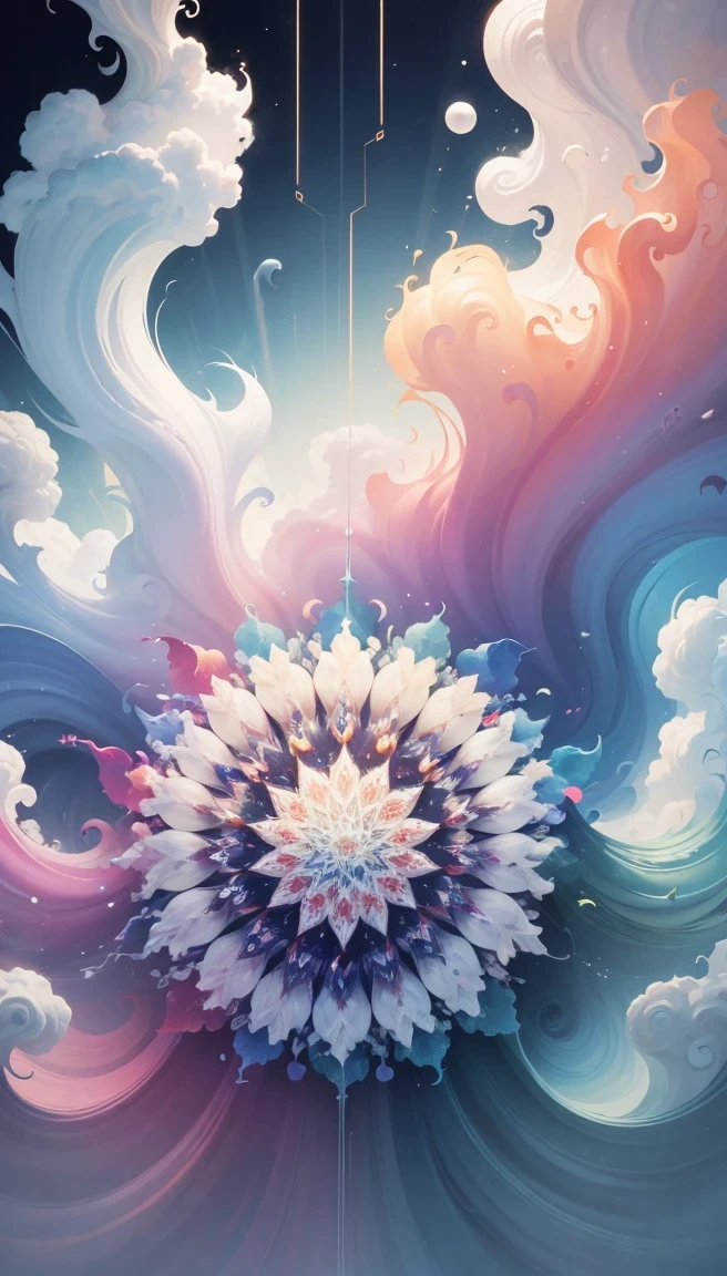 (((White cloud background))), (((high saturation))), ((Surrounded by brilliant colors)))) super detailed, Beautiful and beautiful, masterpiece, best quality, (tangled, mandala, tangled, twist), (Fractal art: 1.3), 1 jellyfish, Very detailed, dynamic angle, cowboy shooting, Chaos in its most beautiful form, elegant, brutalist design, bright colors, romanticism, Michael Mraz, Adrian Gurney, Petra Courtright, Atmospheric, ecstatic notes, Mobile phone notes are visible