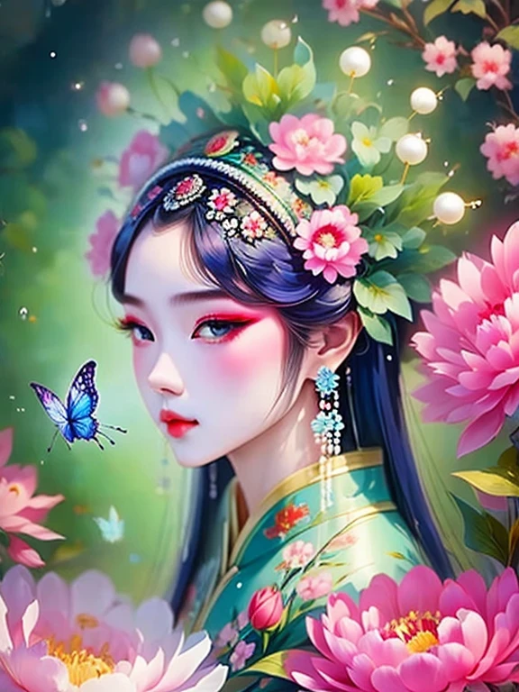 (masterpiece, best quality:1.2,lifelike:1.37), ancient,Chinese style illustration:(1 girl,broken into pieces,portrait ),Exquisite facial features,Detailed drawing of eyes,eyelash,blush,long hair,Exquisite makeup,There are beautiful pearls on the head,blue华丽的汉服,Garden background blurred,simple,glowing butterfly,blue:1.37,huge peony flower:1.37